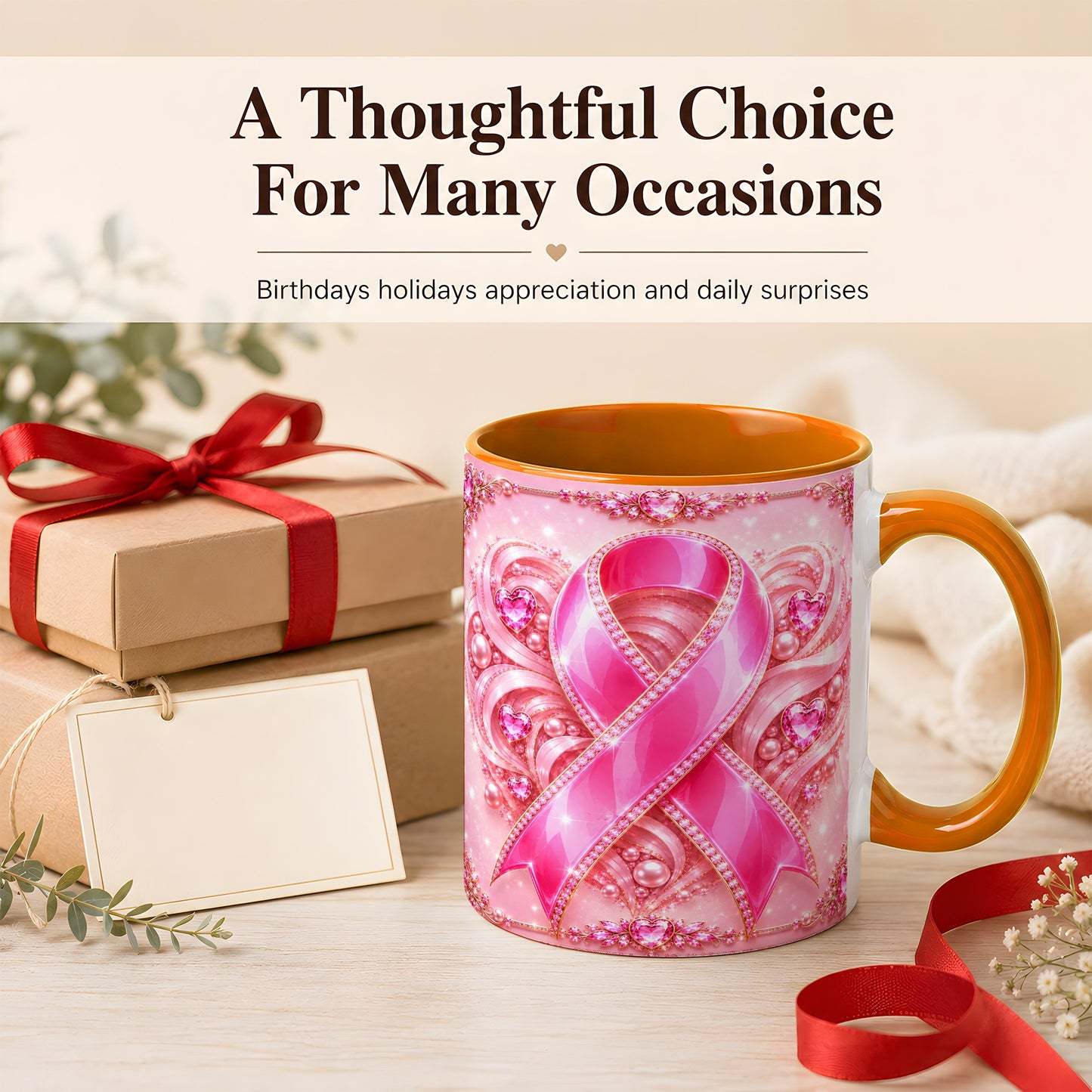 #pl[11oz|Orange] Pink Awareness Ribbon Coffee Mug, Heart Ribbon Mug, Ceramic Cup