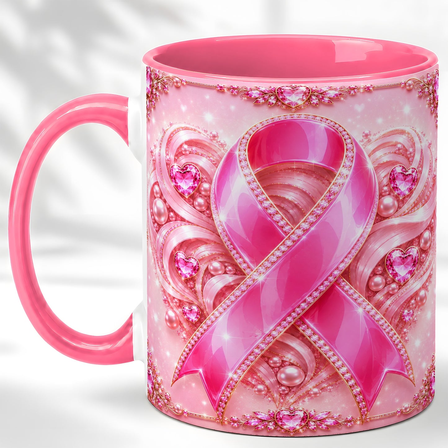 #pl[11oz|Pink] Pink Awareness Ribbon Coffee Mug, Heart Ribbon Mug, Ceramic Cup