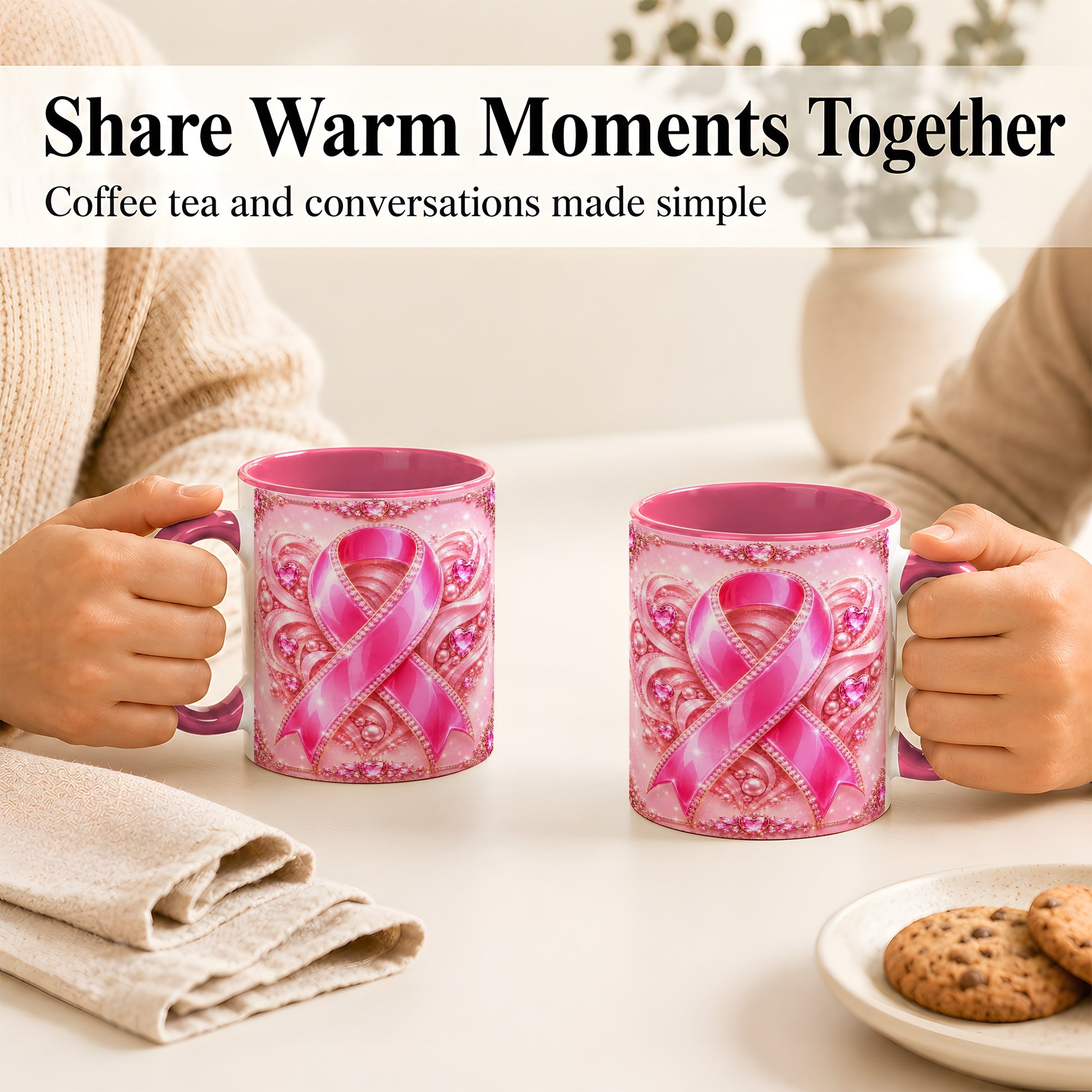 #pl[11oz|Pink] Pink Awareness Ribbon Coffee Mug, Heart Ribbon Mug, Ceramic Cup