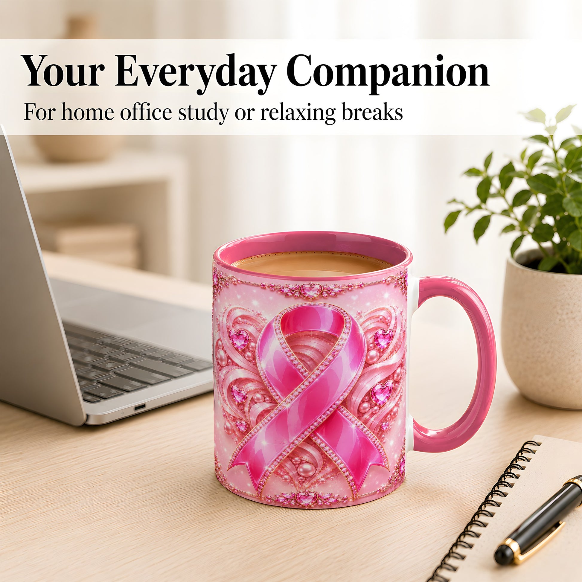 #pl[11oz|Pink] Pink Awareness Ribbon Coffee Mug, Heart Ribbon Mug, Ceramic Cup