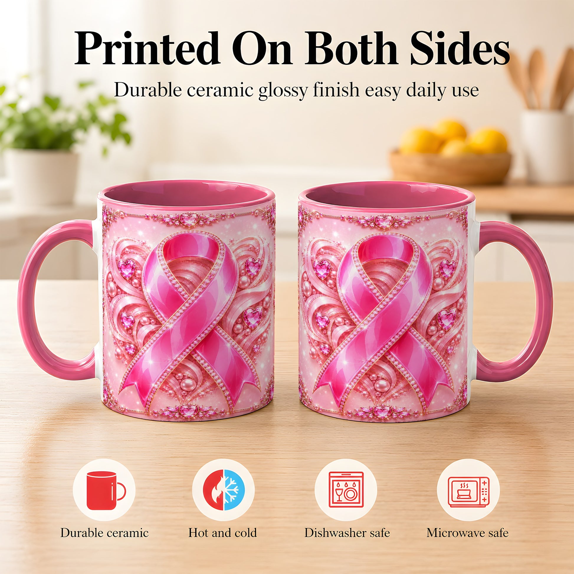 #pl[11oz|Pink] Pink Awareness Ribbon Coffee Mug, Heart Ribbon Mug, Ceramic Cup