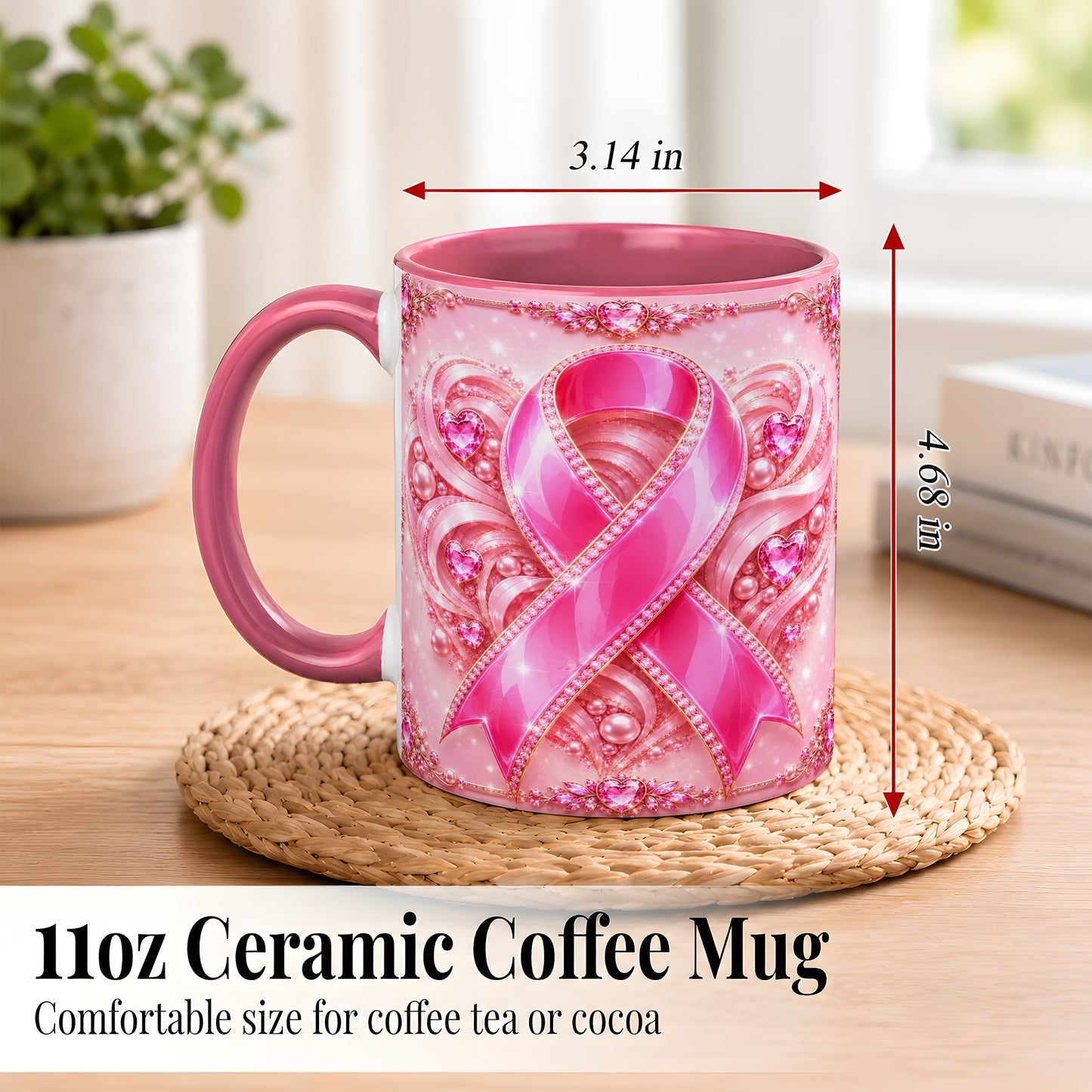 #pl[11oz|Pink] Pink Awareness Ribbon Coffee Mug, Heart Ribbon Mug, Ceramic Cup
