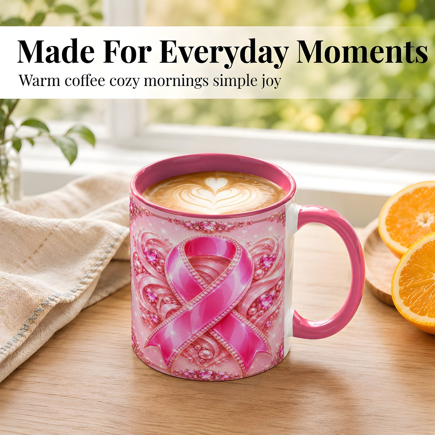 #pl[11oz|Pink] Pink Awareness Ribbon Coffee Mug, Heart Ribbon Mug, Ceramic Cup