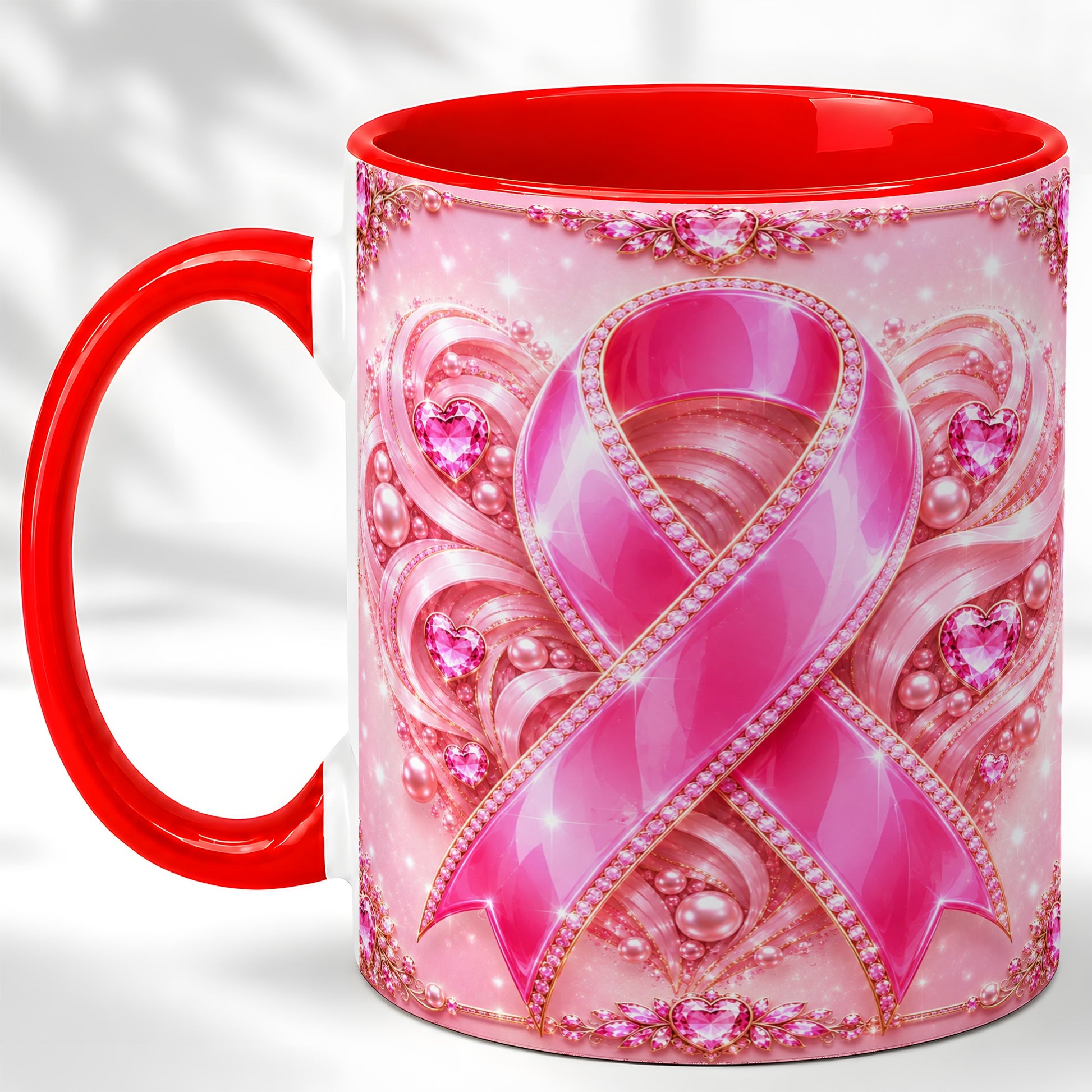 #pl[11oz|Red] Pink Awareness Ribbon Coffee Mug, Heart Ribbon Mug, Ceramic Cup