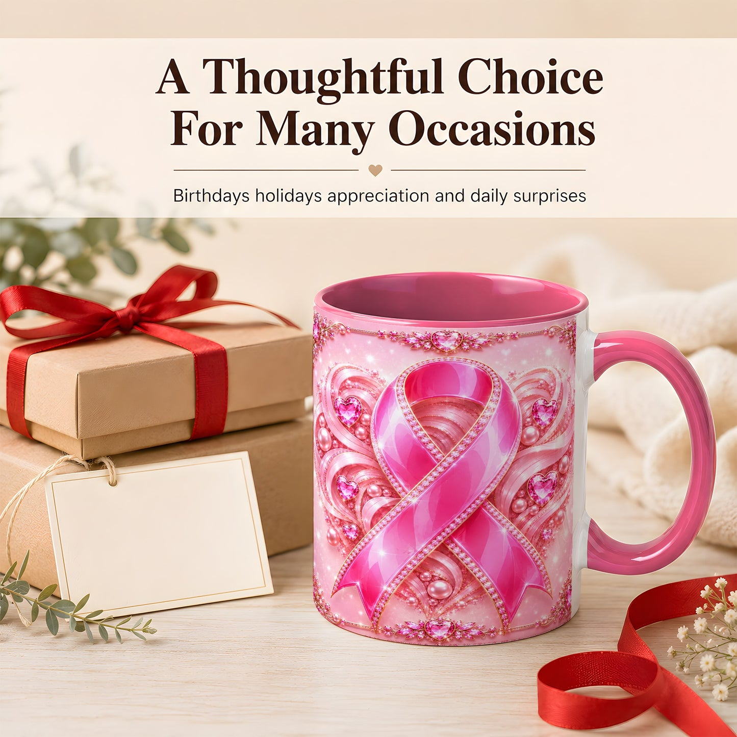 #pl[11oz|Pink] Pink Awareness Ribbon Coffee Mug, Heart Ribbon Mug, Ceramic Cup