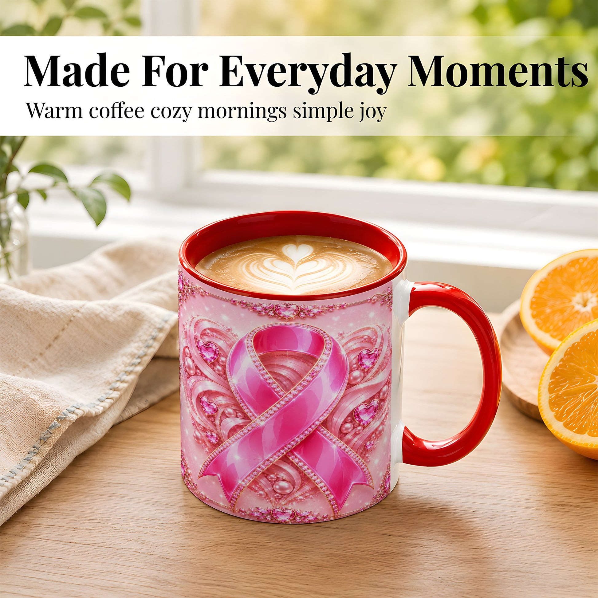 #pl[11oz|Red] Pink Awareness Ribbon Coffee Mug, Heart Ribbon Mug, Ceramic Cup