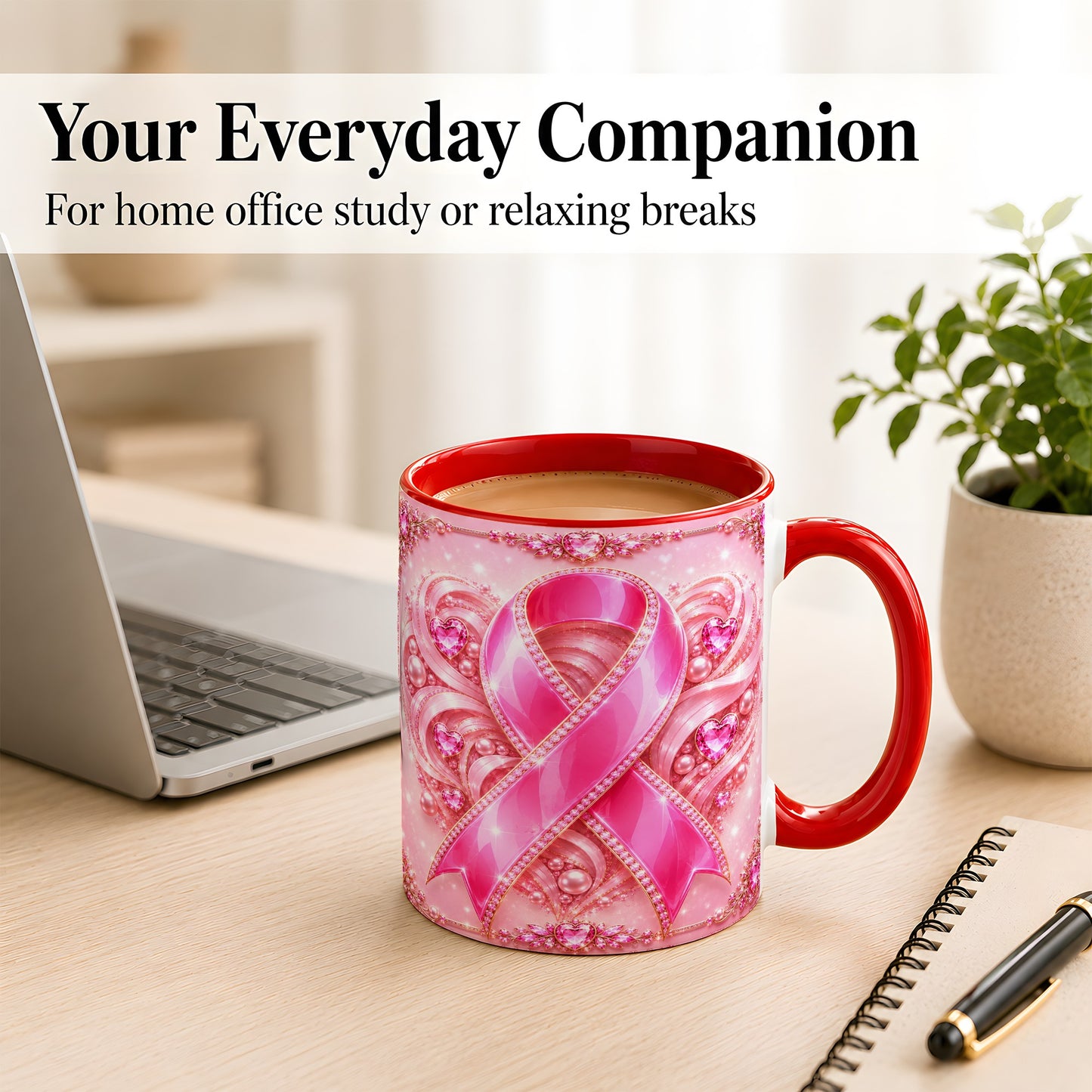 #pl[11oz|Red] Pink Awareness Ribbon Coffee Mug, Heart Ribbon Mug, Ceramic Cup