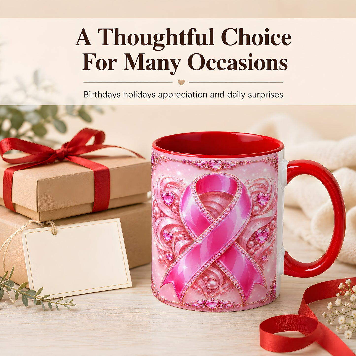 #pl[11oz|Red] Pink Awareness Ribbon Coffee Mug, Heart Ribbon Mug, Ceramic Cup