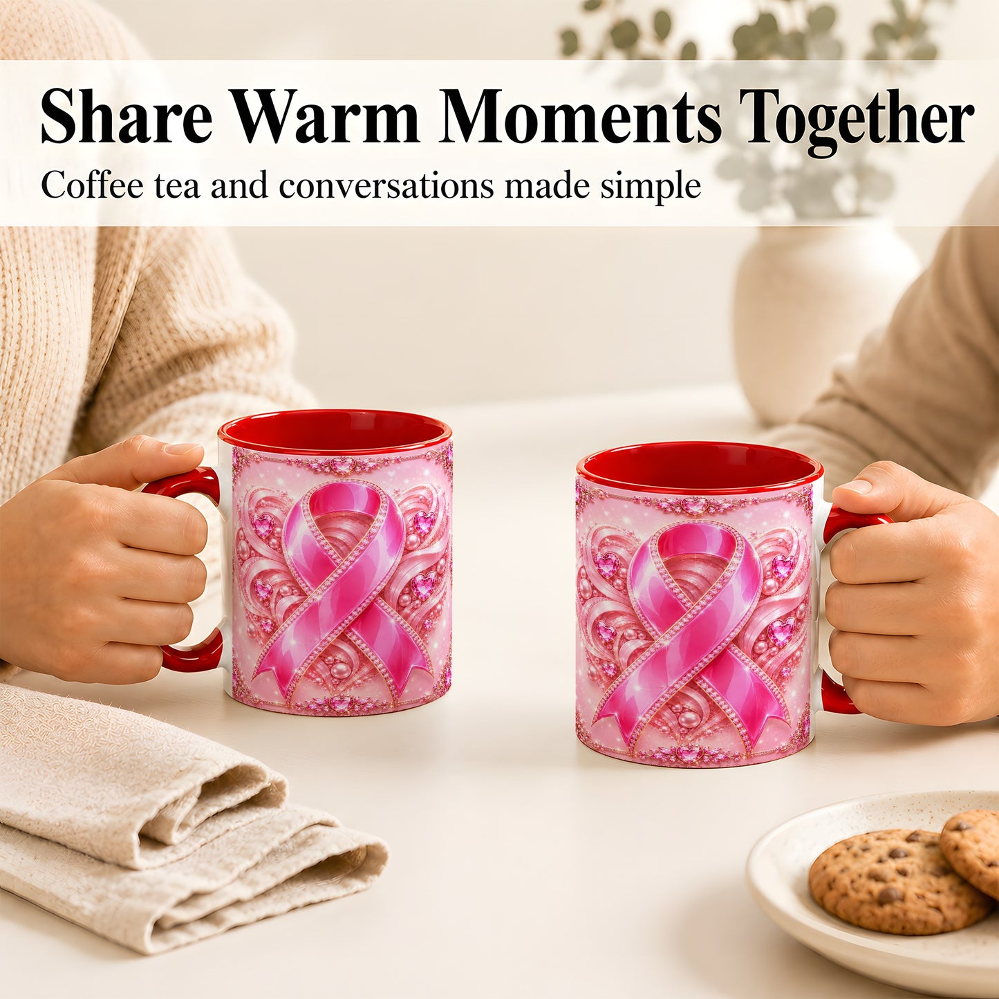 #pl[11oz|Red] Pink Awareness Ribbon Coffee Mug, Heart Ribbon Mug, Ceramic Cup