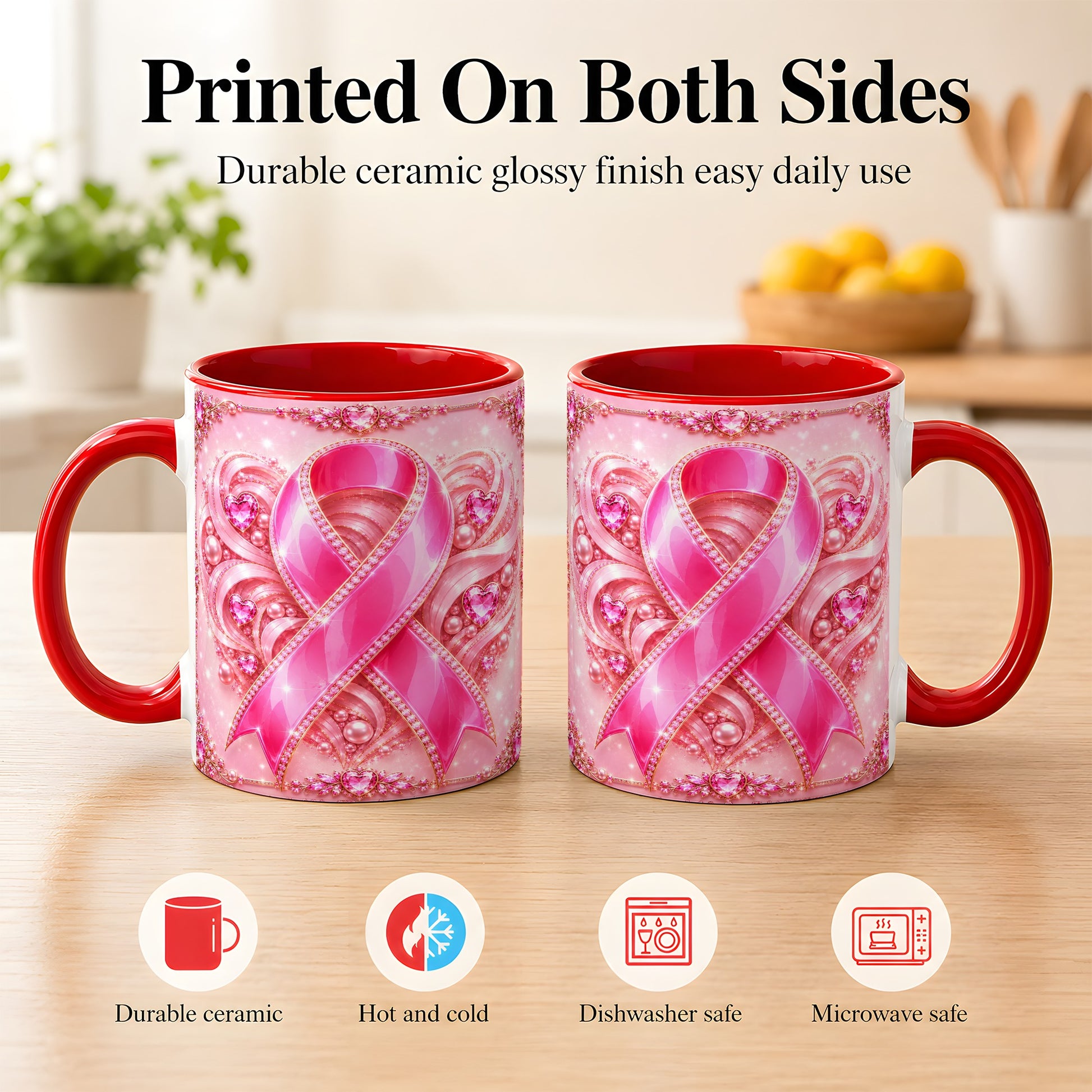 #pl[11oz|Red] Pink Awareness Ribbon Coffee Mug, Heart Ribbon Mug, Ceramic Cup