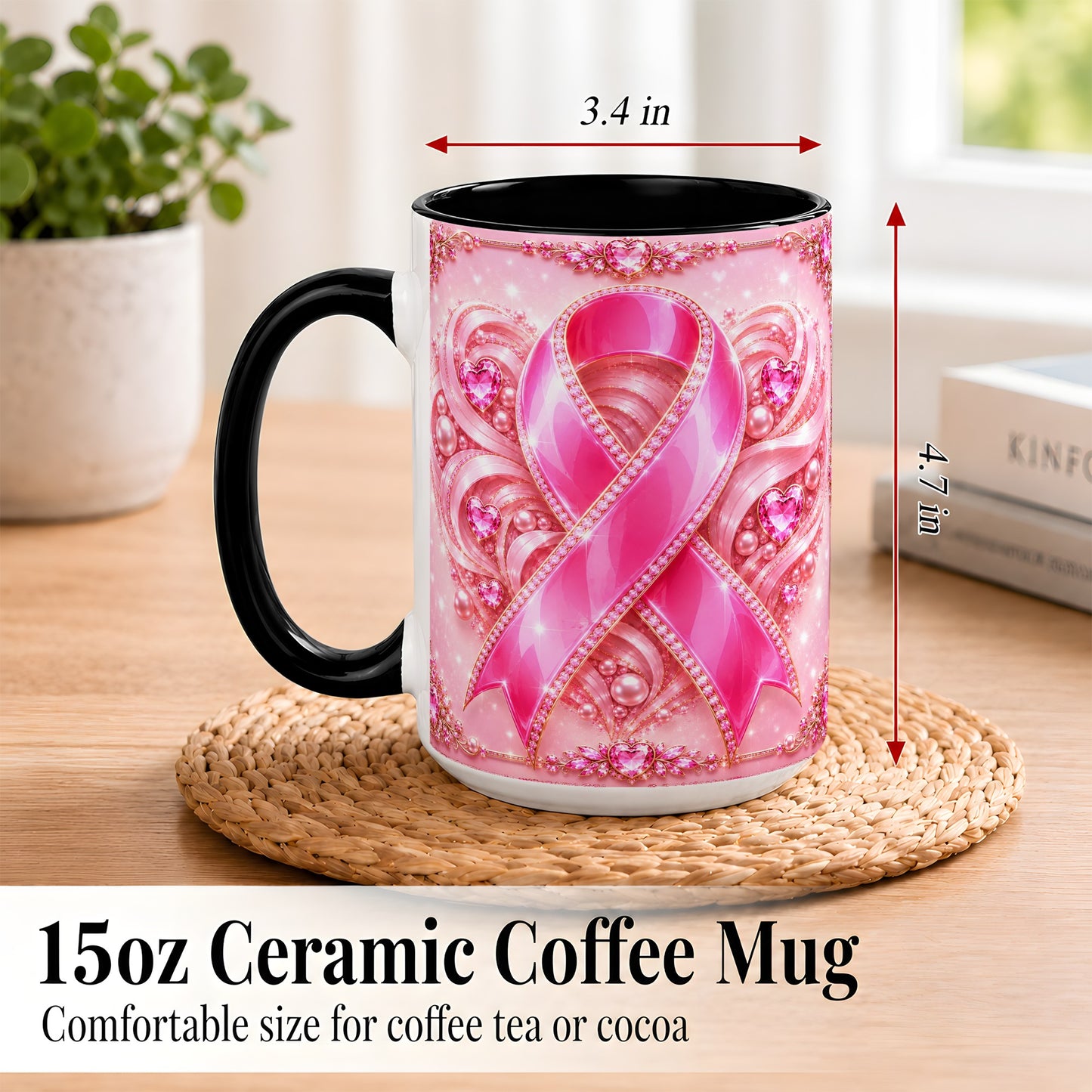 #pl[15oz|Black] Pink Awareness Ribbon Coffee Mug, Heart Ribbon Mug, Ceramic Cup