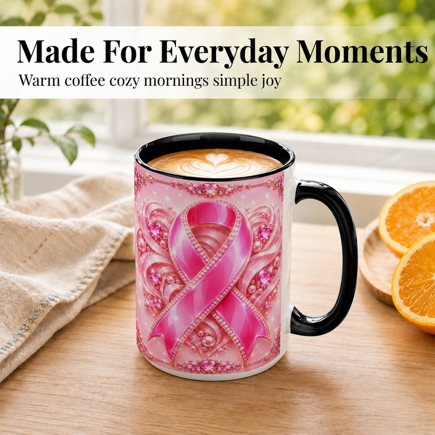 #pl[15oz|Black] Pink Awareness Ribbon Coffee Mug, Heart Ribbon Mug, Ceramic Cup