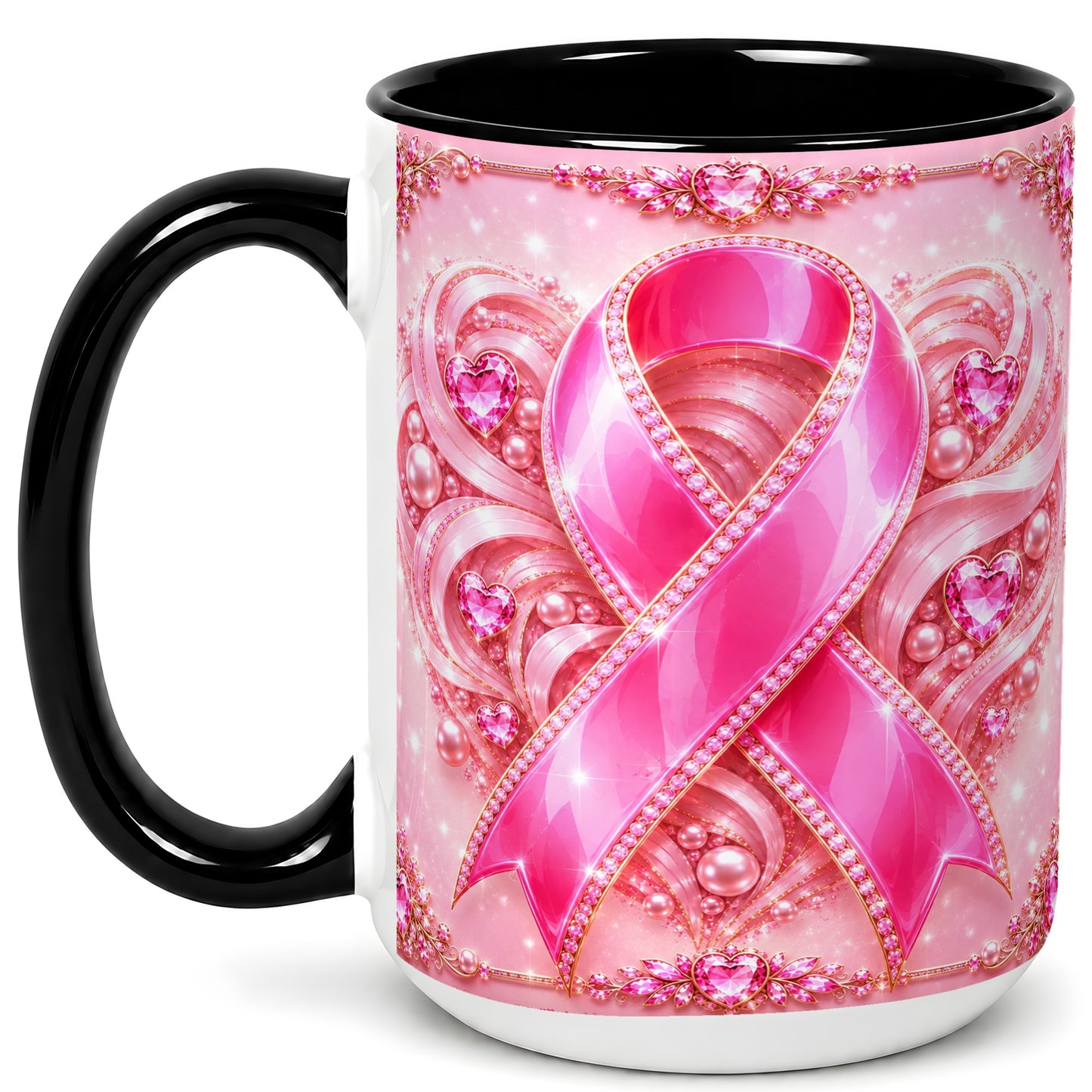 #pl[15oz|Black] Pink Awareness Ribbon Coffee Mug, Heart Ribbon Mug, Ceramic Cup