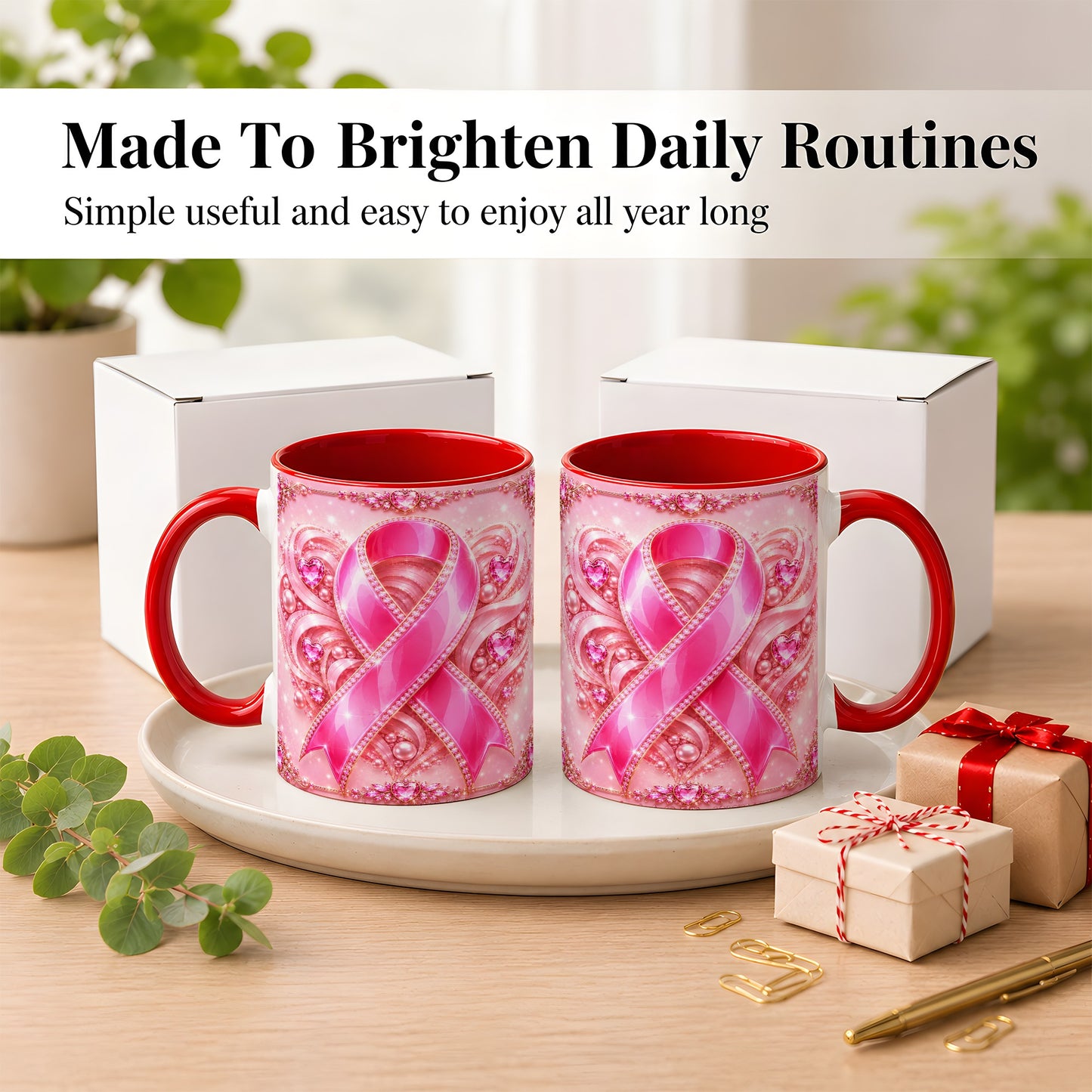 #pl[11oz|Red] Pink Awareness Ribbon Coffee Mug, Heart Ribbon Mug, Ceramic Cup