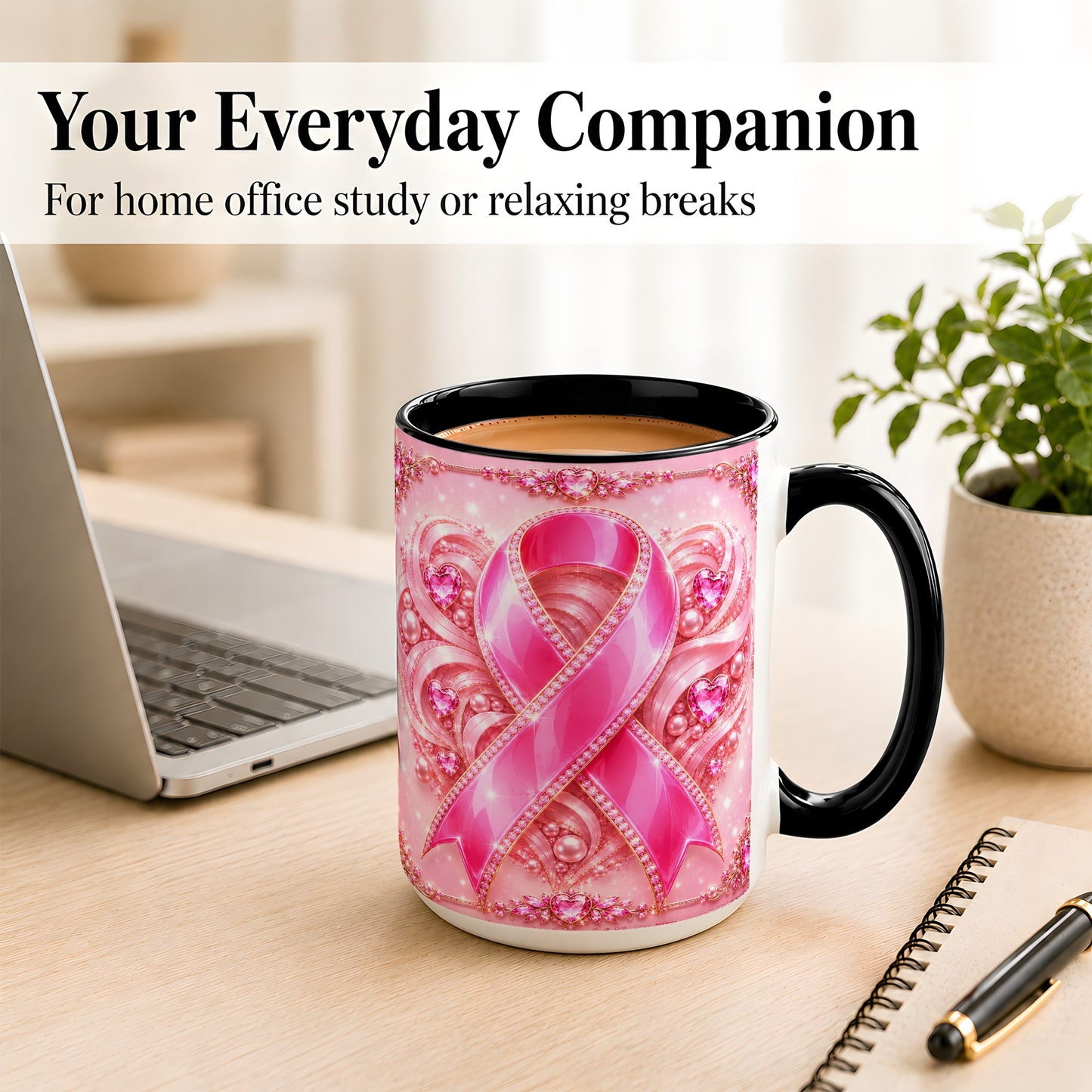 #pl[15oz|Black] Pink Awareness Ribbon Coffee Mug, Heart Ribbon Mug, Ceramic Cup