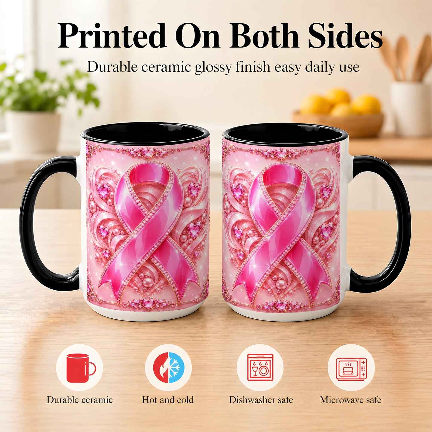 #pl[15oz|Black] Pink Awareness Ribbon Coffee Mug, Heart Ribbon Mug, Ceramic Cup