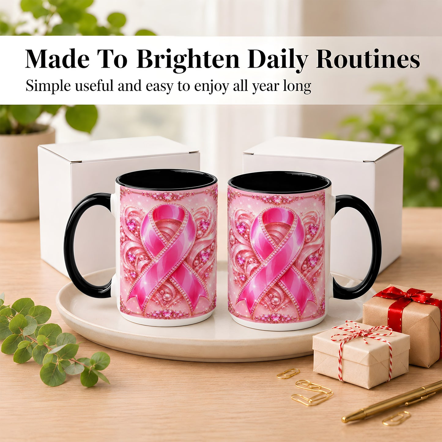#pl[15oz|Black] Pink Awareness Ribbon Coffee Mug, Heart Ribbon Mug, Ceramic Cup