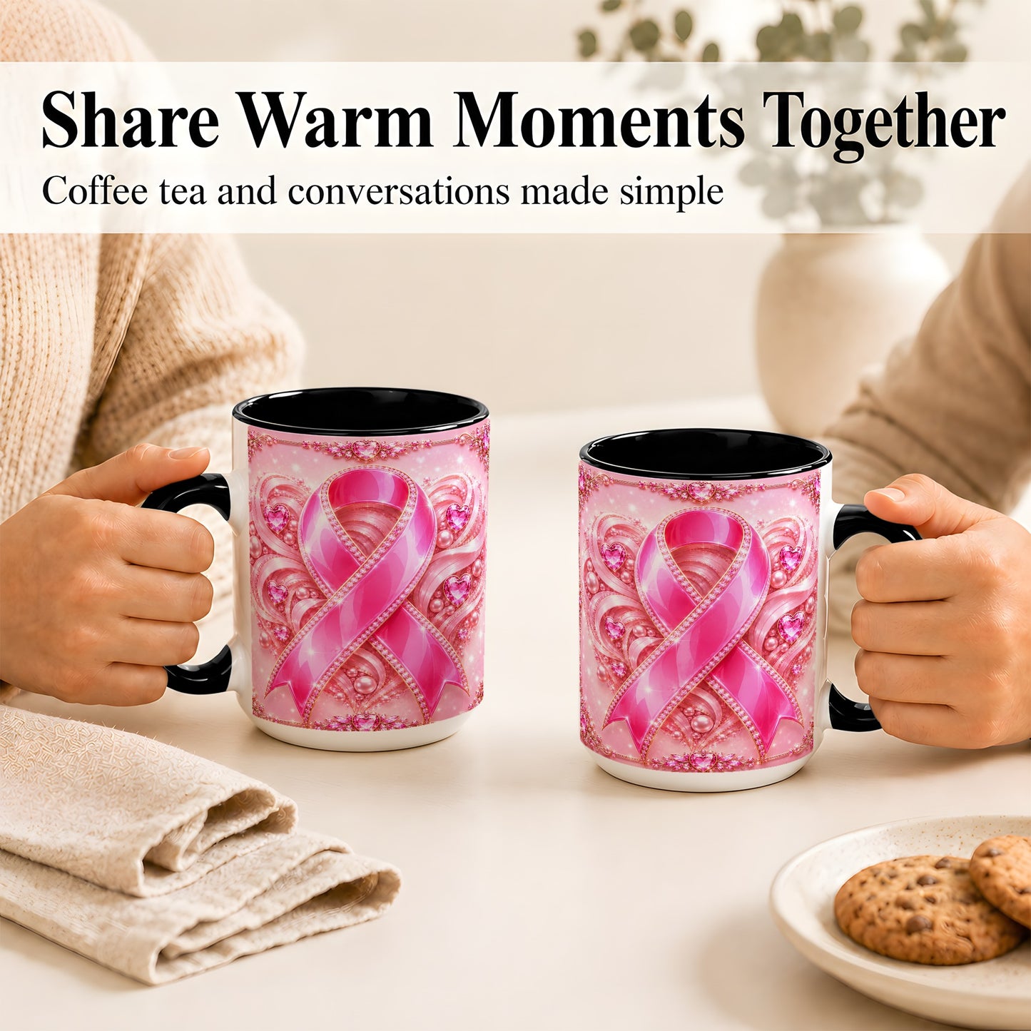 #pl[15oz|Black] Pink Awareness Ribbon Coffee Mug, Heart Ribbon Mug, Ceramic Cup