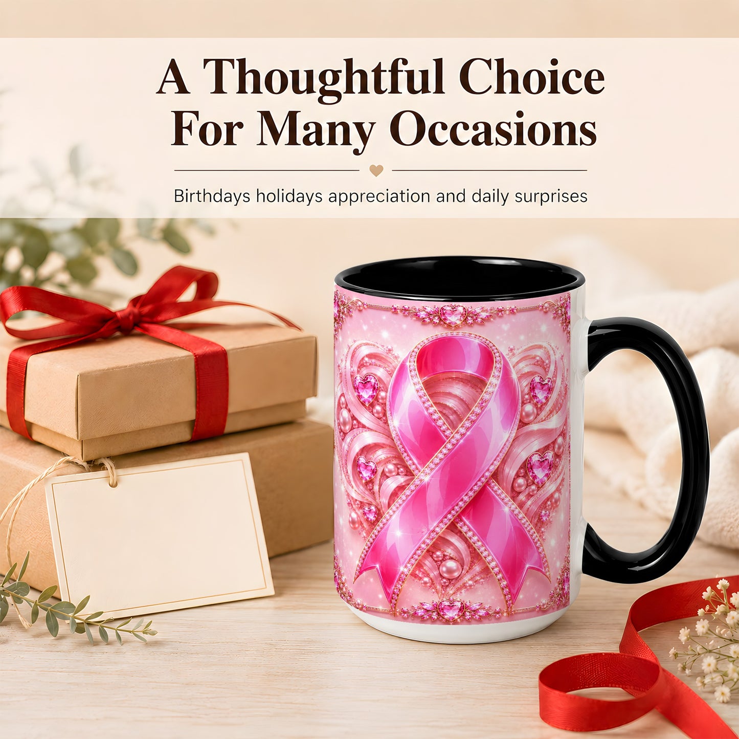 #pl[15oz|Black] Pink Awareness Ribbon Coffee Mug, Heart Ribbon Mug, Ceramic Cup