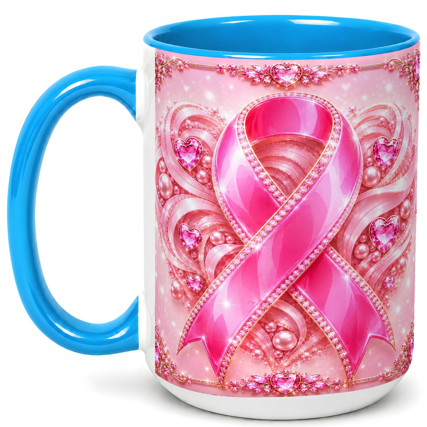 #pl[15oz|Blue] Pink Awareness Ribbon Coffee Mug, Heart Ribbon Mug, Ceramic Cup