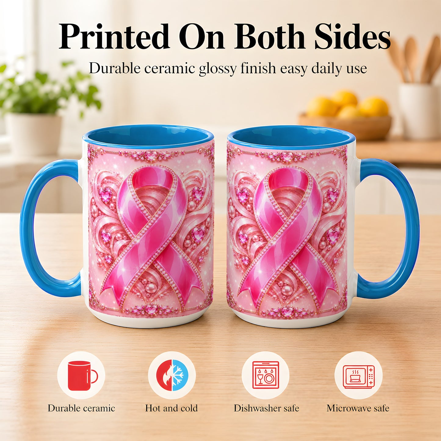 #pl[15oz|Blue] Pink Awareness Ribbon Coffee Mug, Heart Ribbon Mug, Ceramic Cup