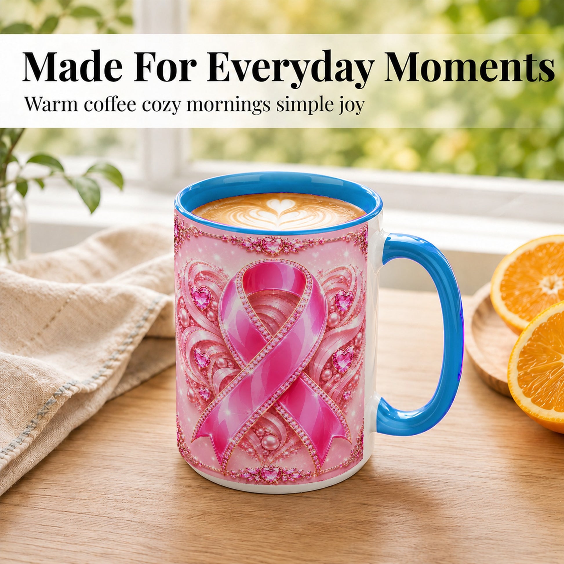 #pl[15oz|Blue] Pink Awareness Ribbon Coffee Mug, Heart Ribbon Mug, Ceramic Cup