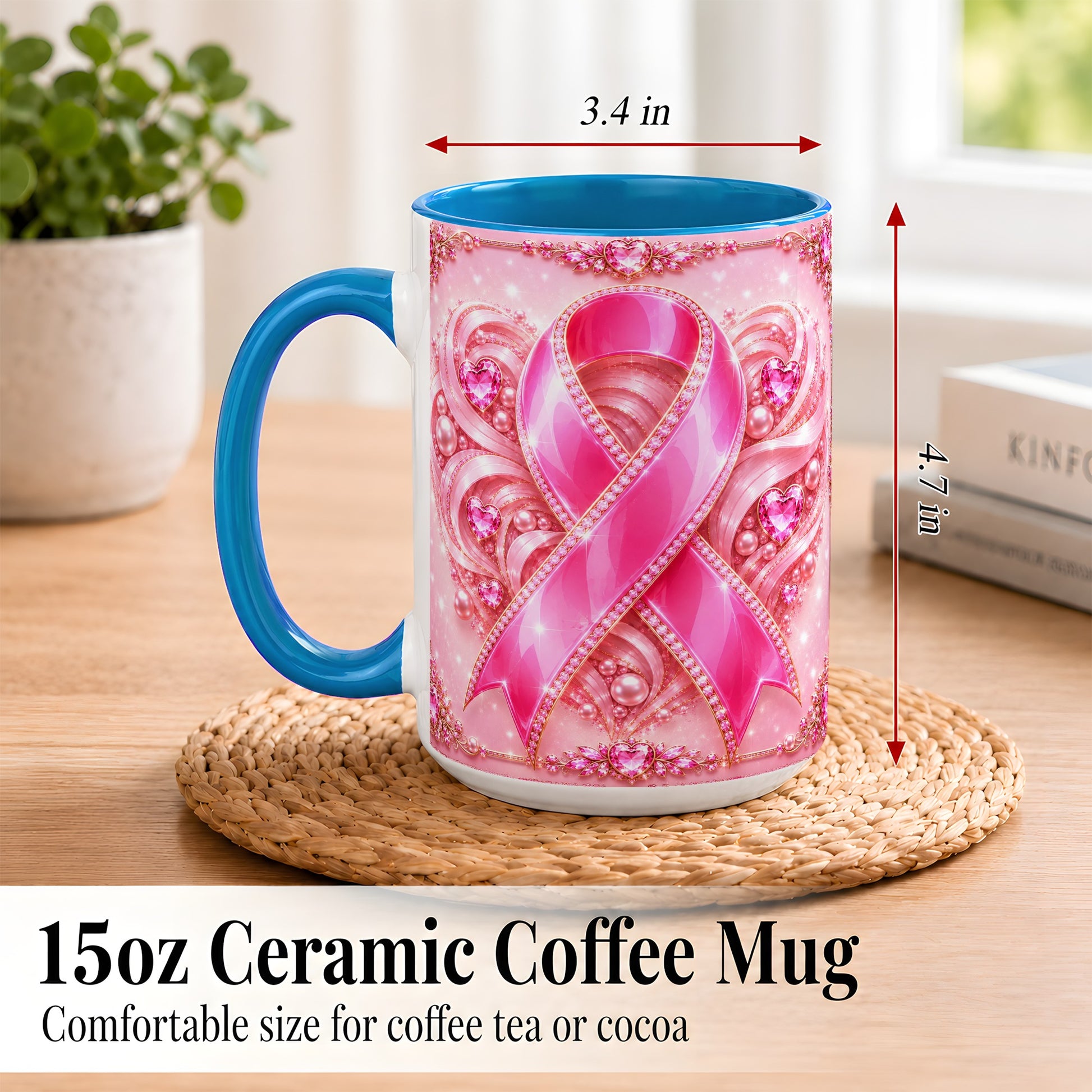 #pl[15oz|Blue] Pink Awareness Ribbon Coffee Mug, Heart Ribbon Mug, Ceramic Cup