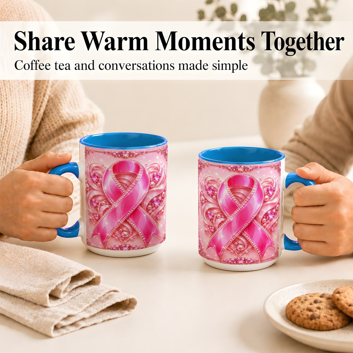 #pl[15oz|Blue] Pink Awareness Ribbon Coffee Mug, Heart Ribbon Mug, Ceramic Cup