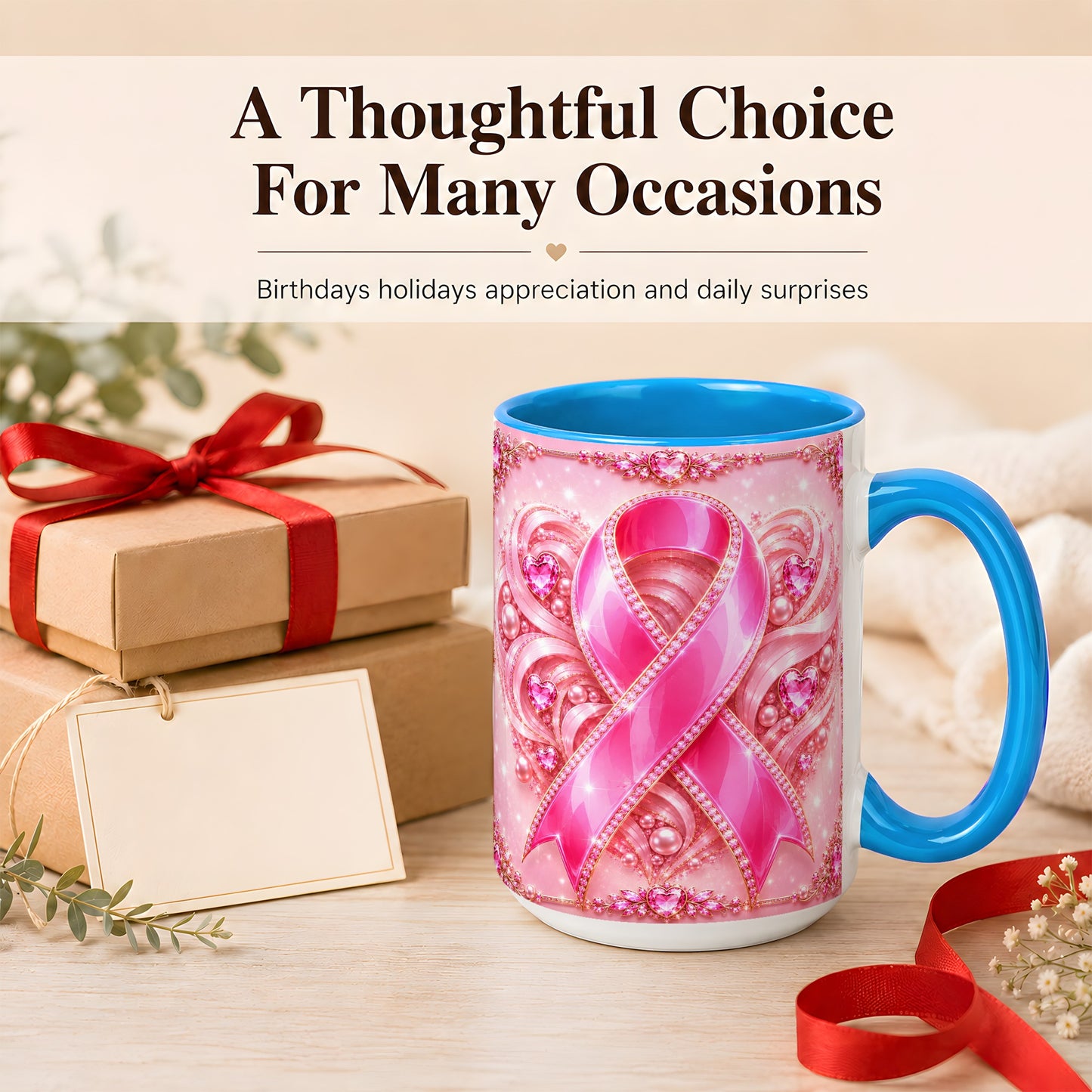 #pl[15oz|Blue] Pink Awareness Ribbon Coffee Mug, Heart Ribbon Mug, Ceramic Cup