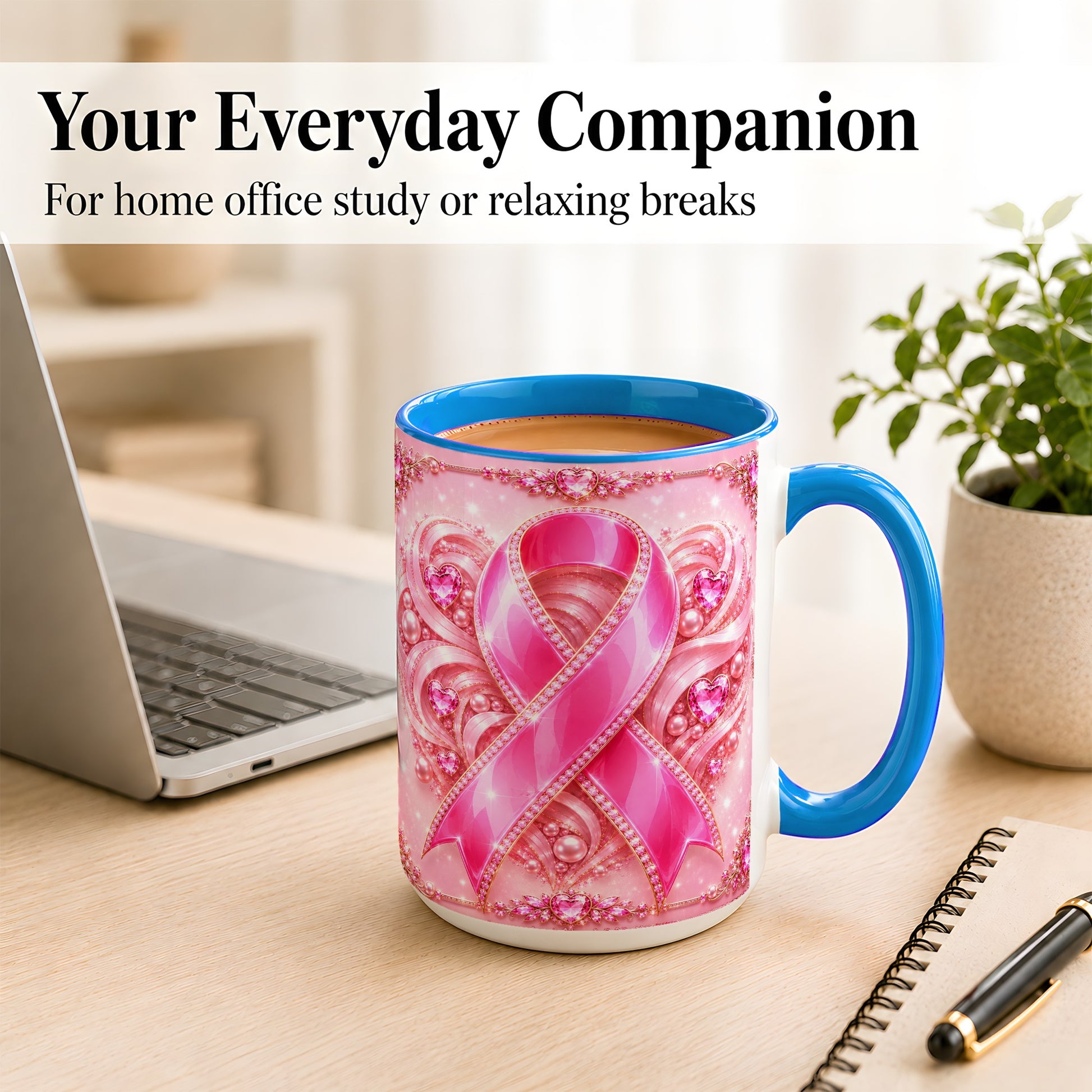 #pl[15oz|Blue] Pink Awareness Ribbon Coffee Mug, Heart Ribbon Mug, Ceramic Cup