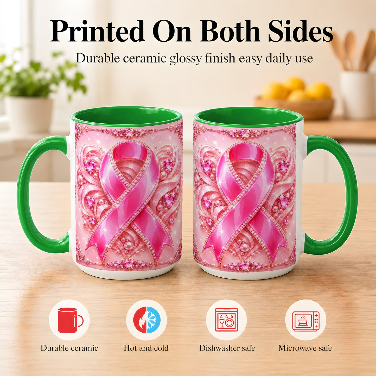 #pl[15oz|Green] Pink Awareness Ribbon Coffee Mug, Heart Ribbon Mug, Ceramic Cup