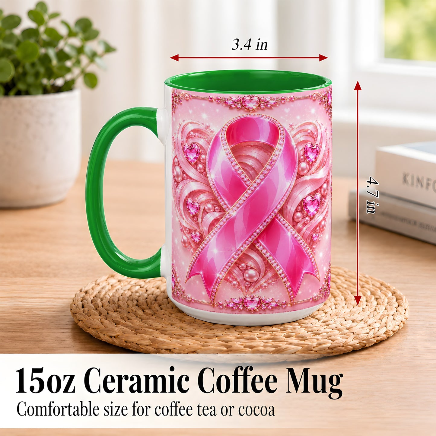 #pl[15oz|Green] Pink Awareness Ribbon Coffee Mug, Heart Ribbon Mug, Ceramic Cup