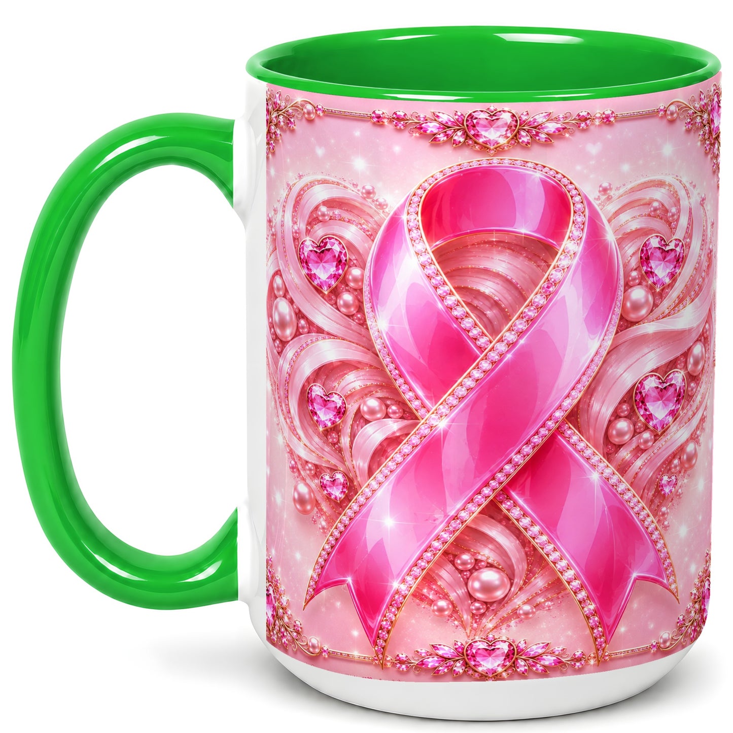 #pl[15oz|Green] Pink Awareness Ribbon Coffee Mug, Heart Ribbon Mug, Ceramic Cup