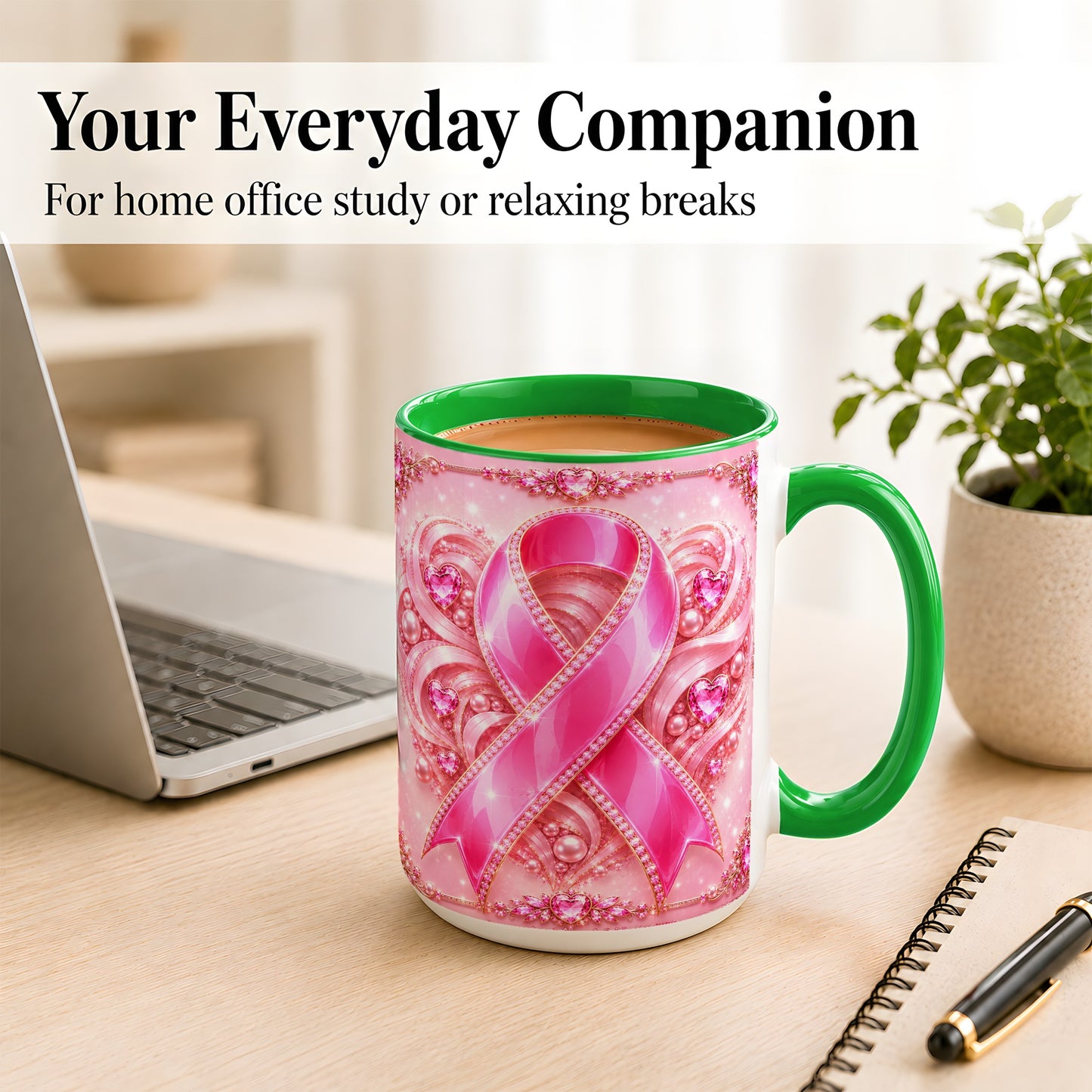 #pl[15oz|Green] Pink Awareness Ribbon Coffee Mug, Heart Ribbon Mug, Ceramic Cup