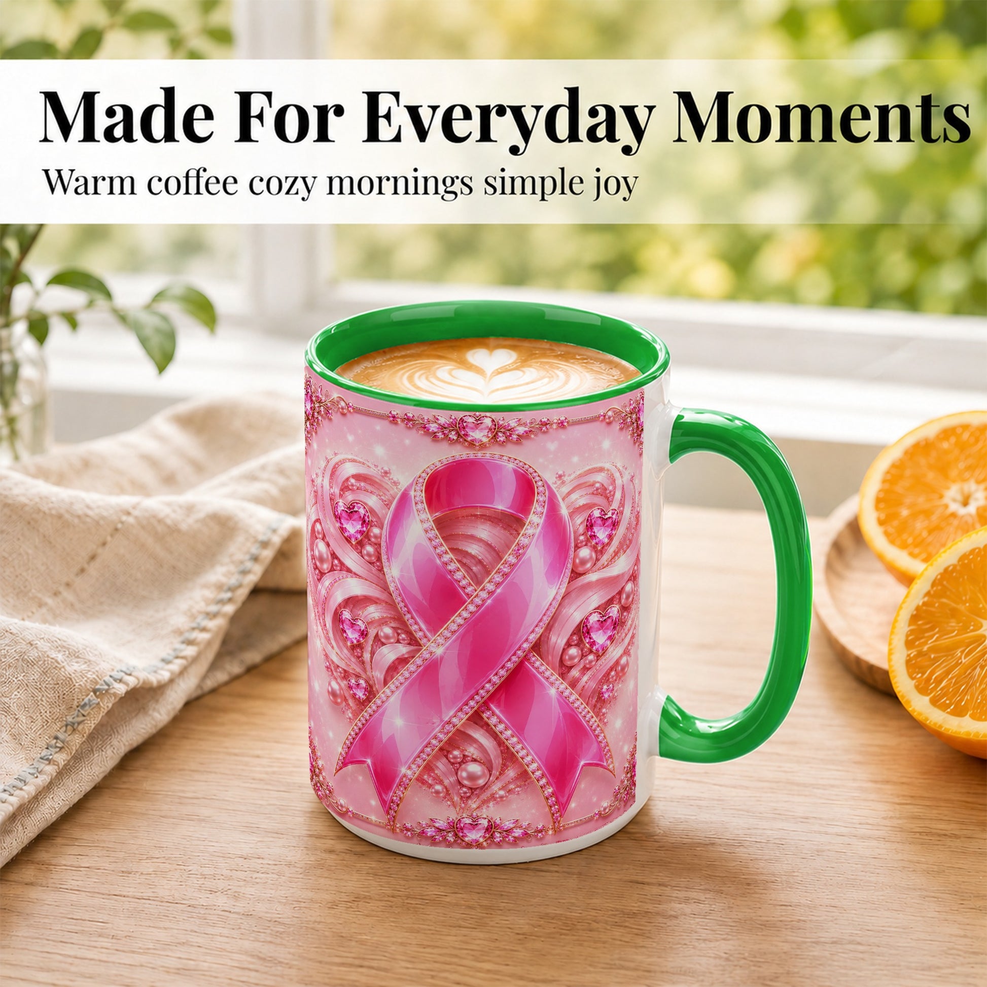 #pl[15oz|Green] Pink Awareness Ribbon Coffee Mug, Heart Ribbon Mug, Ceramic Cup