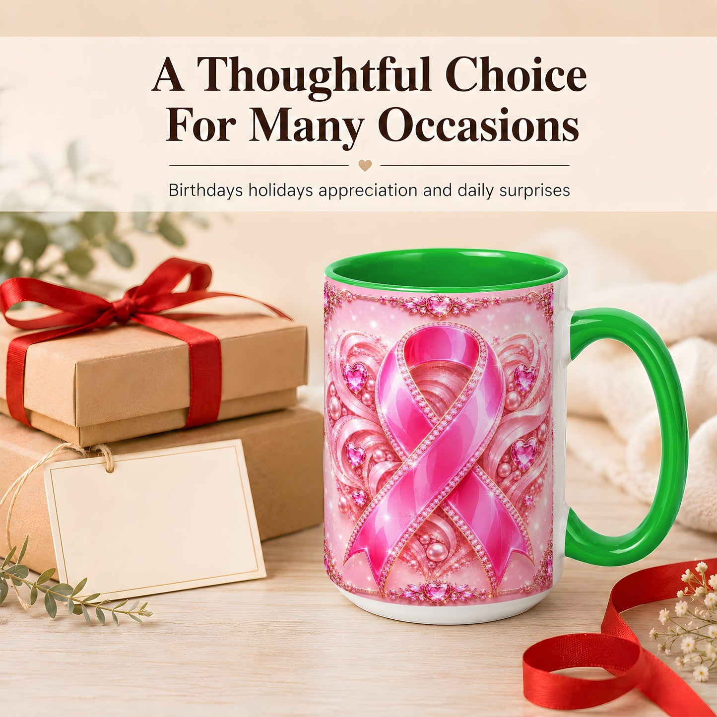 #pl[15oz|Green] Pink Awareness Ribbon Coffee Mug, Heart Ribbon Mug, Ceramic Cup