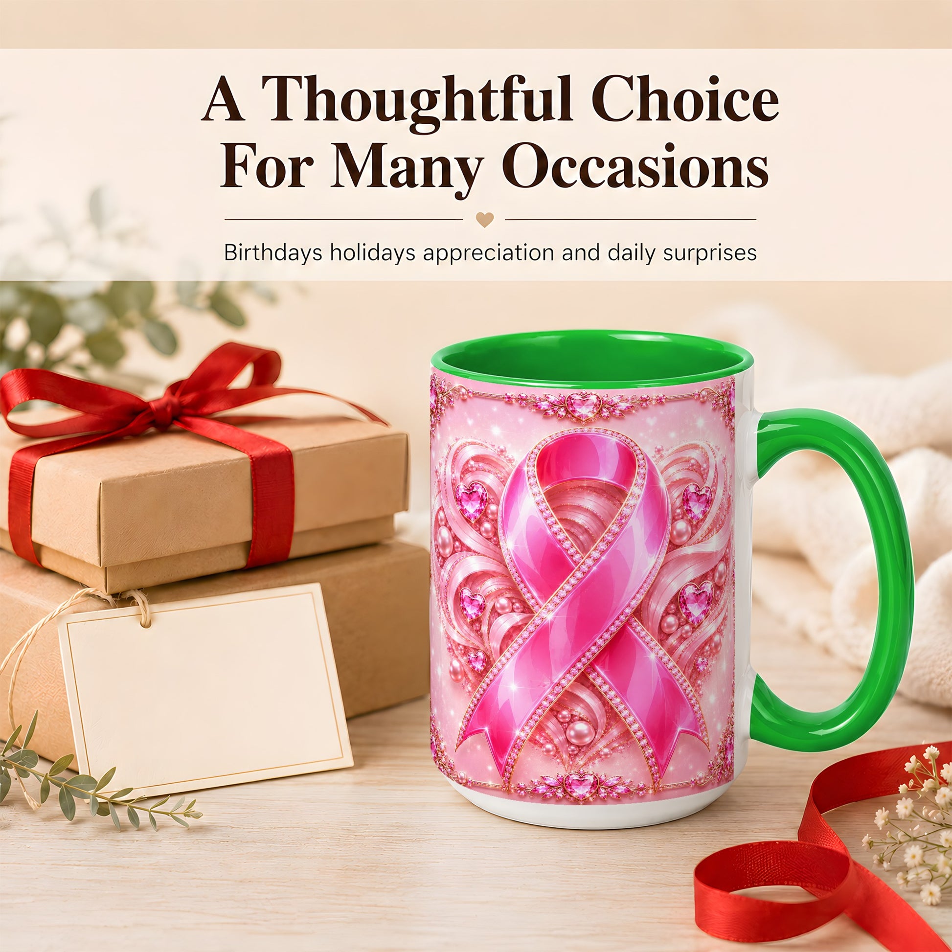 #pl[15oz|Green] Pink Awareness Ribbon Coffee Mug, Heart Ribbon Mug, Ceramic Cup