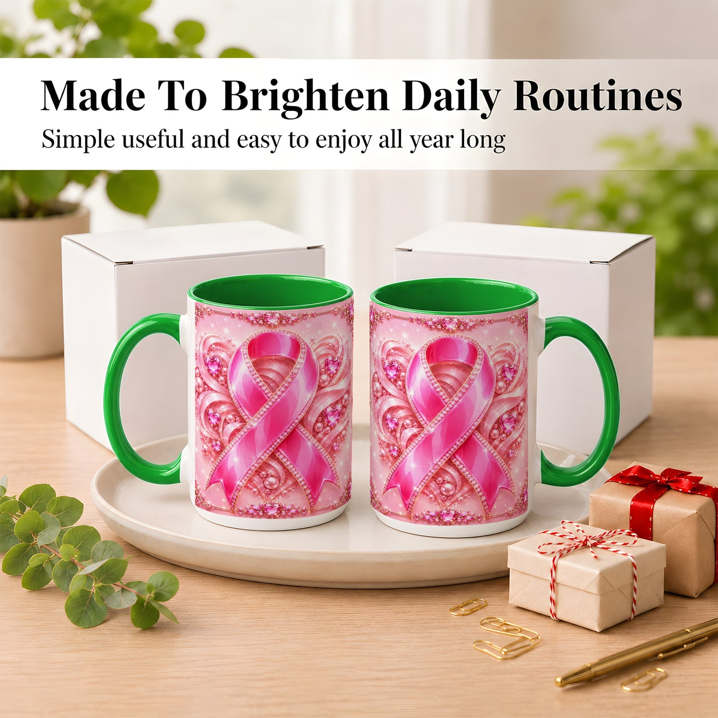 #pl[15oz|Green] Pink Awareness Ribbon Coffee Mug, Heart Ribbon Mug, Ceramic Cup