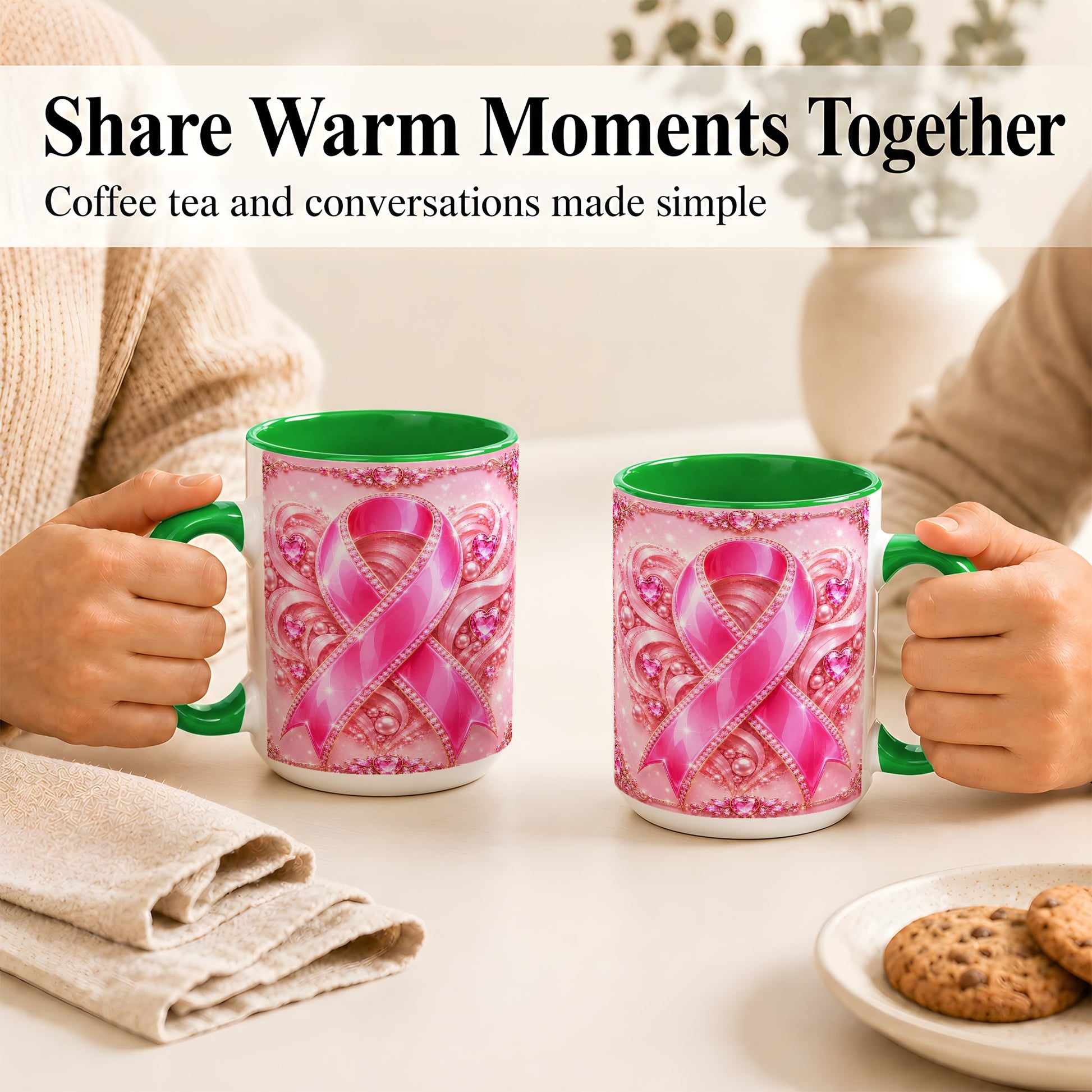#pl[15oz|Green] Pink Awareness Ribbon Coffee Mug, Heart Ribbon Mug, Ceramic Cup