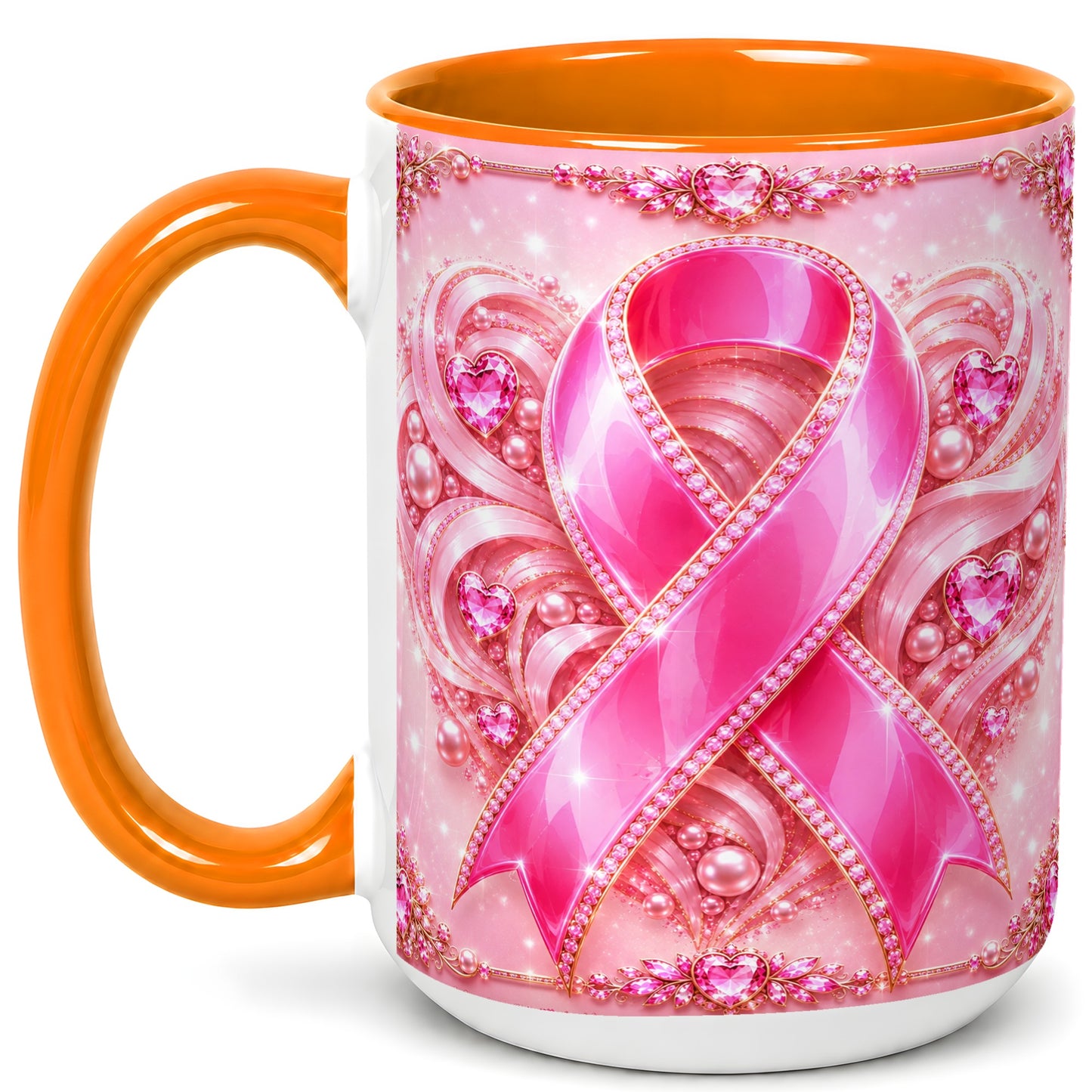 #pl[15oz|Orange] Pink Awareness Ribbon Coffee Mug, Heart Ribbon Mug, Ceramic Cup