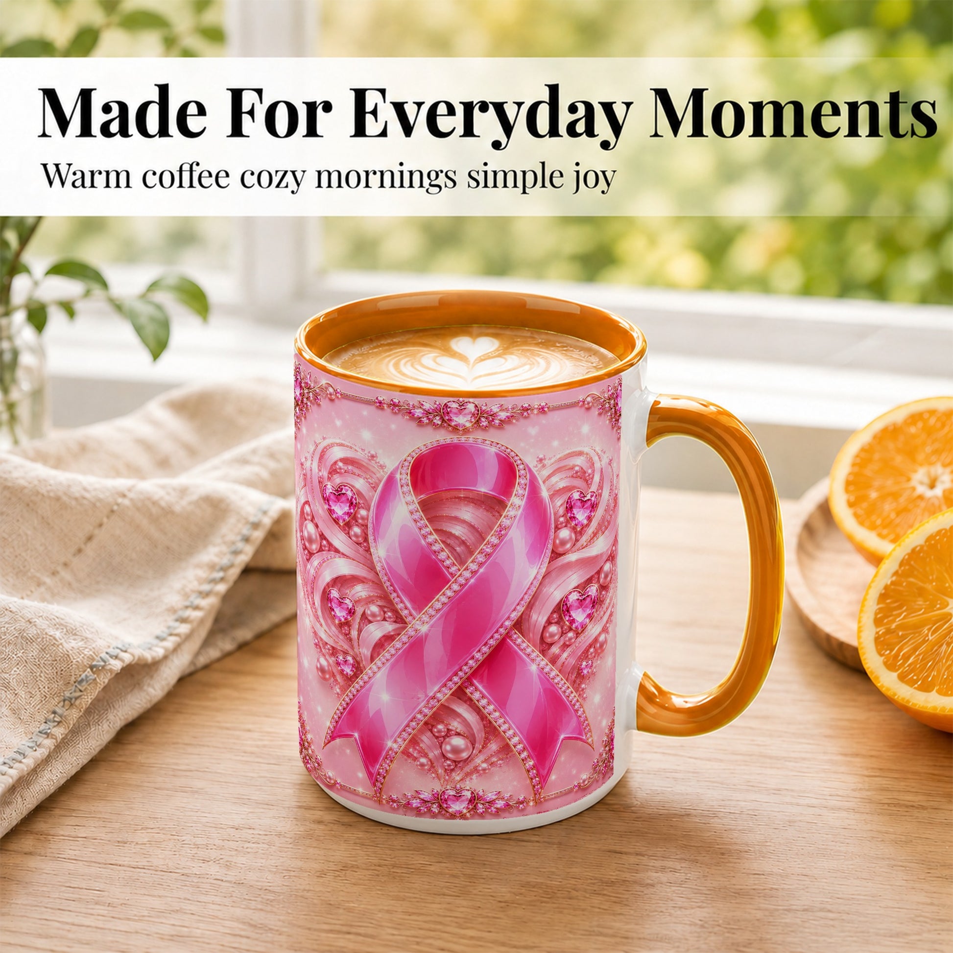 #pl[15oz|Orange] Pink Awareness Ribbon Coffee Mug, Heart Ribbon Mug, Ceramic Cup