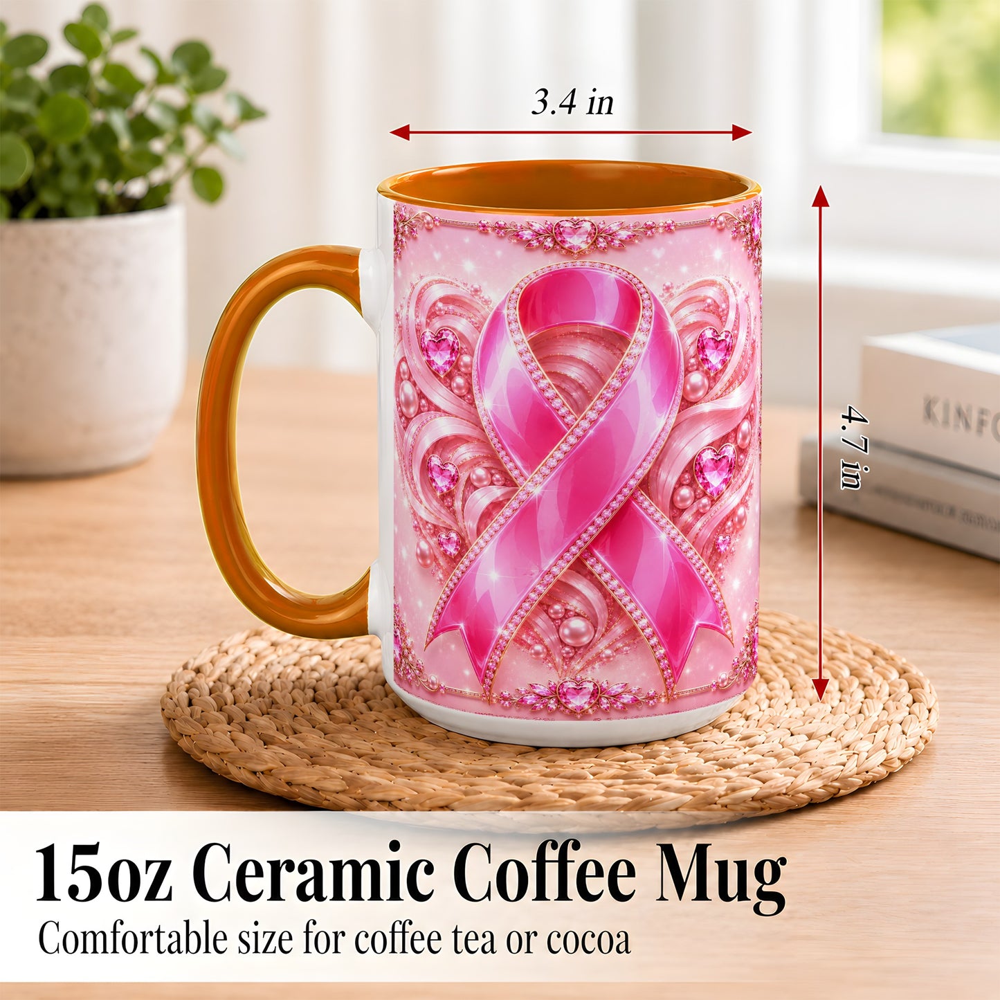 #pl[15oz|Orange] Pink Awareness Ribbon Coffee Mug, Heart Ribbon Mug, Ceramic Cup