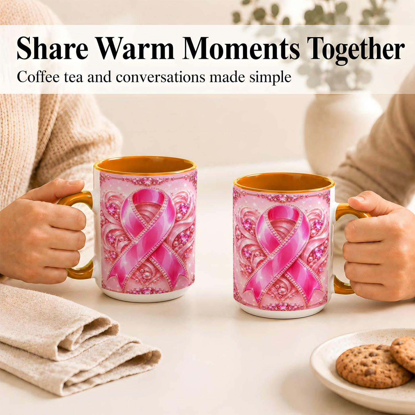 #pl[15oz|Orange] Pink Awareness Ribbon Coffee Mug, Heart Ribbon Mug, Ceramic Cup