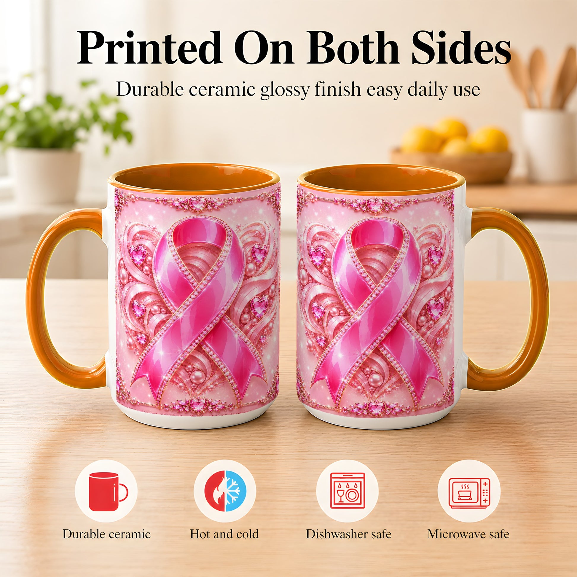 #pl[15oz|Orange] Pink Awareness Ribbon Coffee Mug, Heart Ribbon Mug, Ceramic Cup