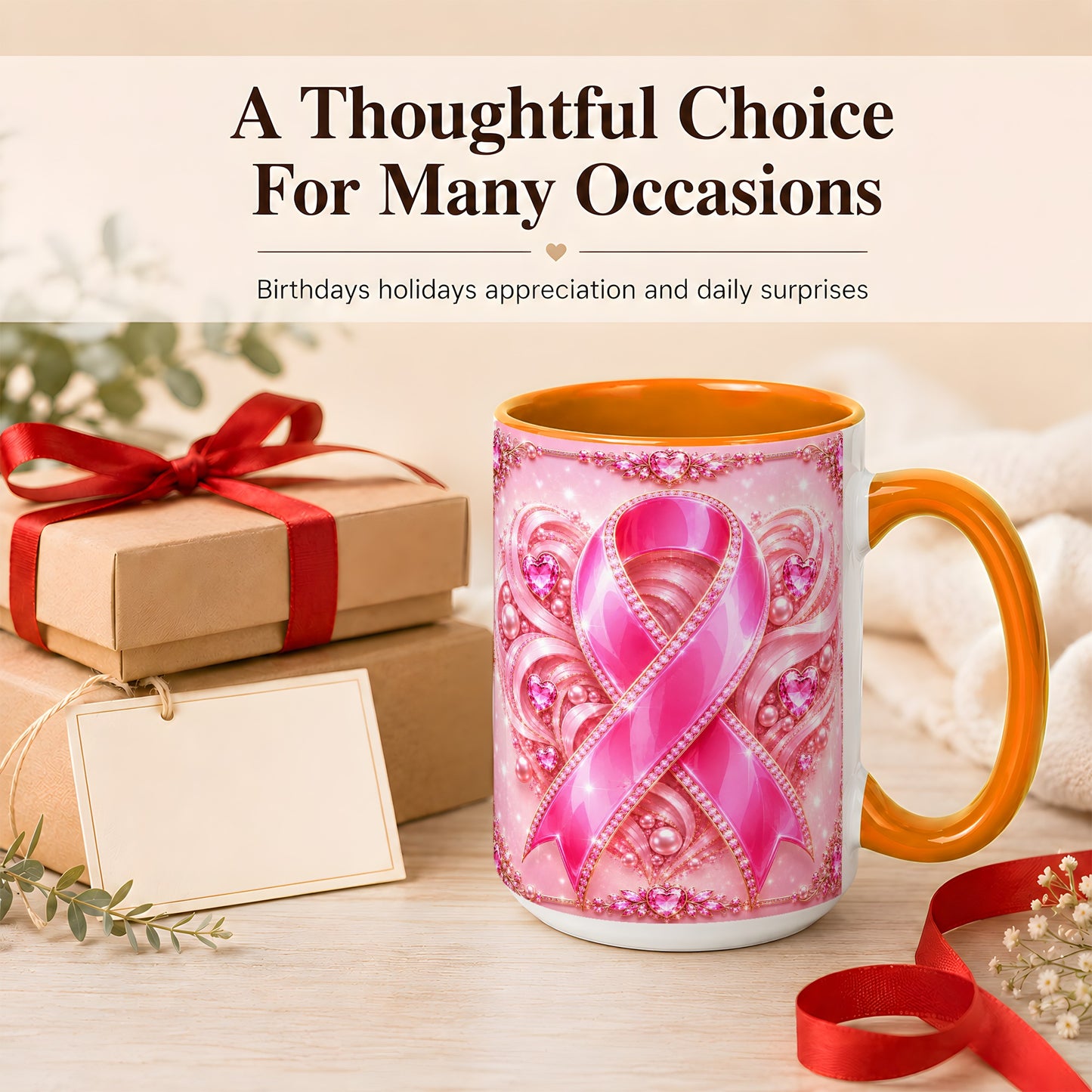 #pl[15oz|Orange] Pink Awareness Ribbon Coffee Mug, Heart Ribbon Mug, Ceramic Cup
