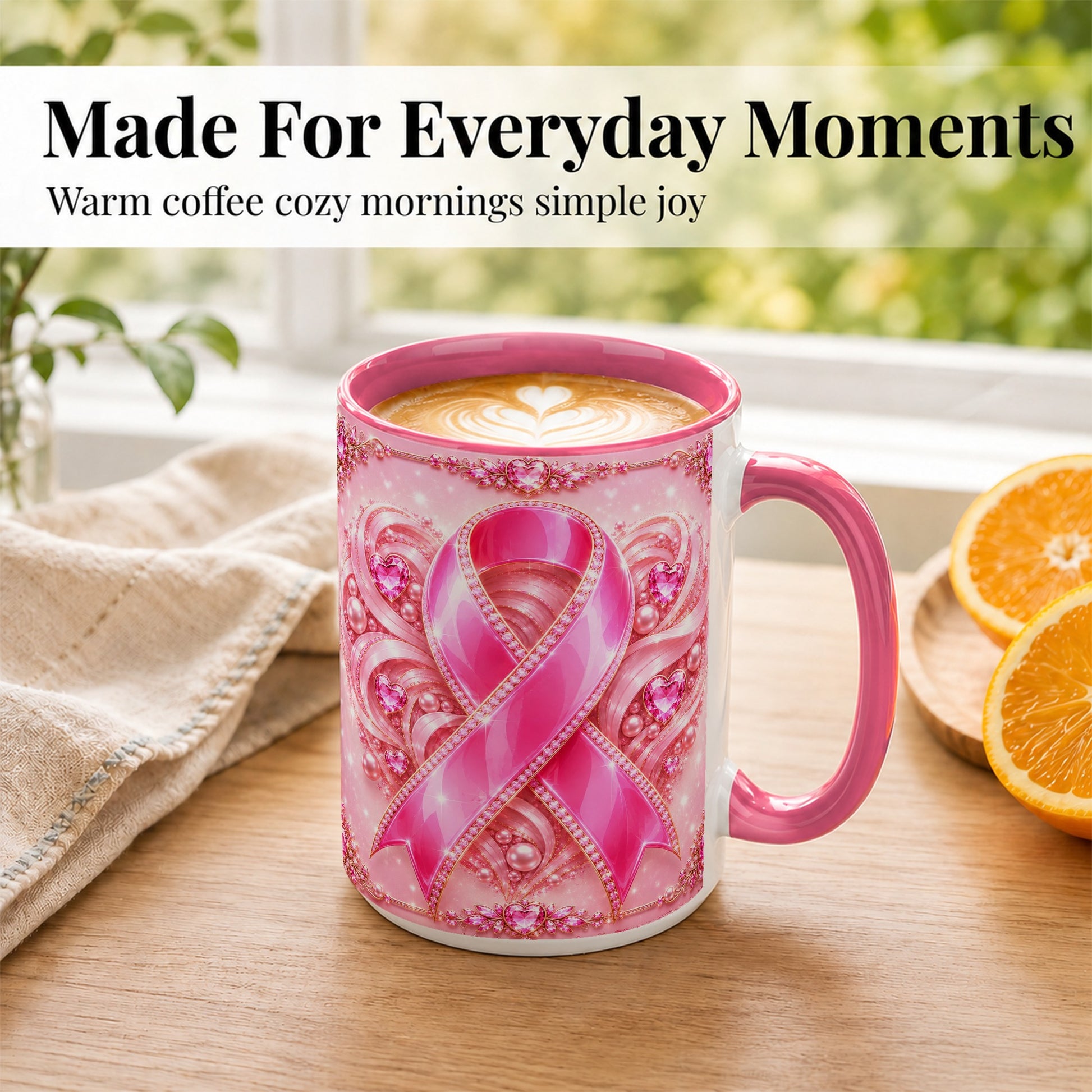 #pl[15oz|Pink] Pink Awareness Ribbon Coffee Mug, Heart Ribbon Mug, Ceramic Cup