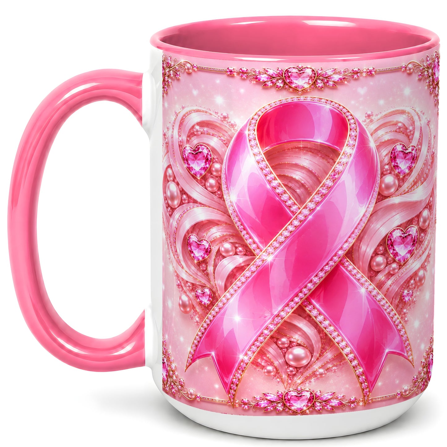 #pl[15oz|Pink] Pink Awareness Ribbon Coffee Mug, Heart Ribbon Mug, Ceramic Cup