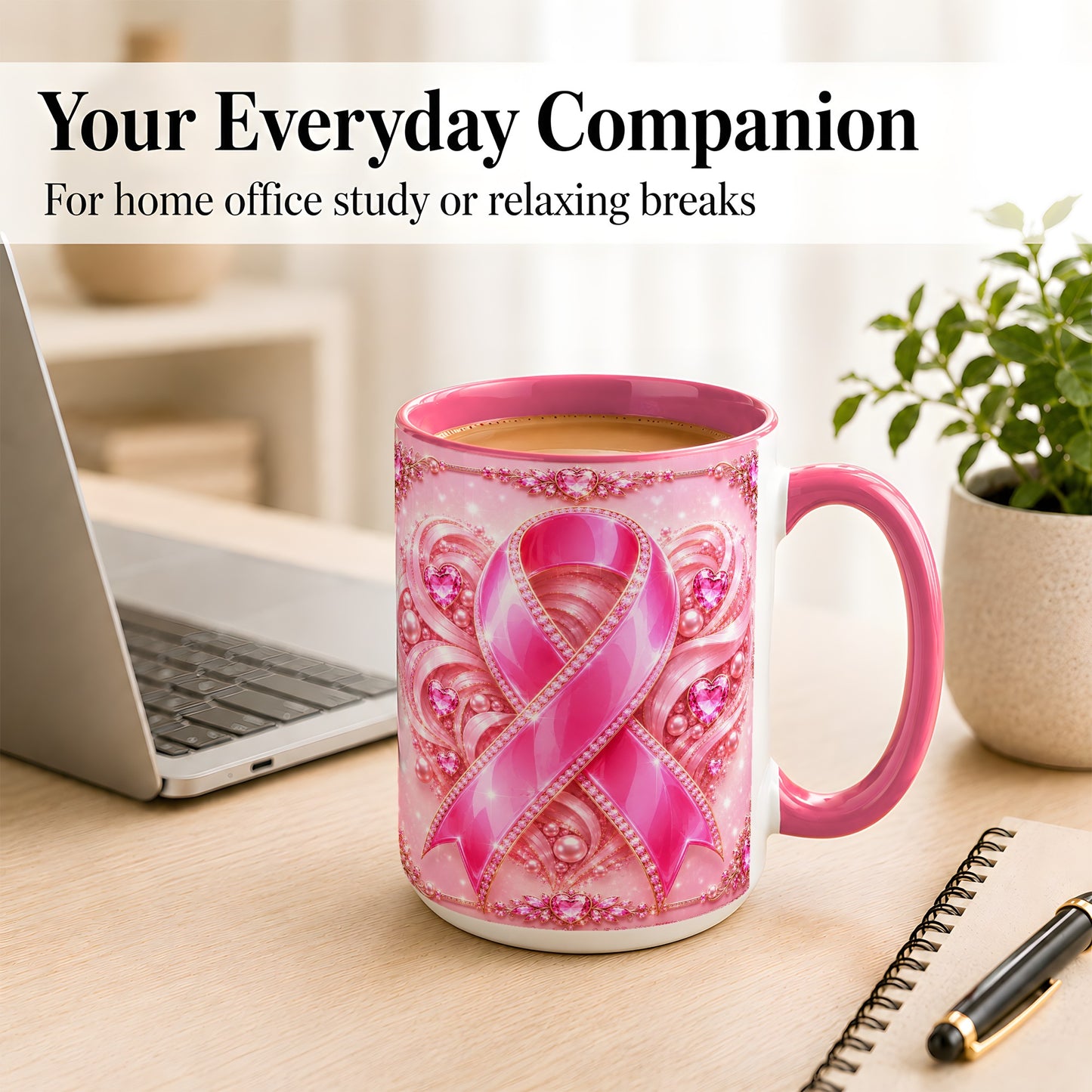 #pl[15oz|Pink] Pink Awareness Ribbon Coffee Mug, Heart Ribbon Mug, Ceramic Cup