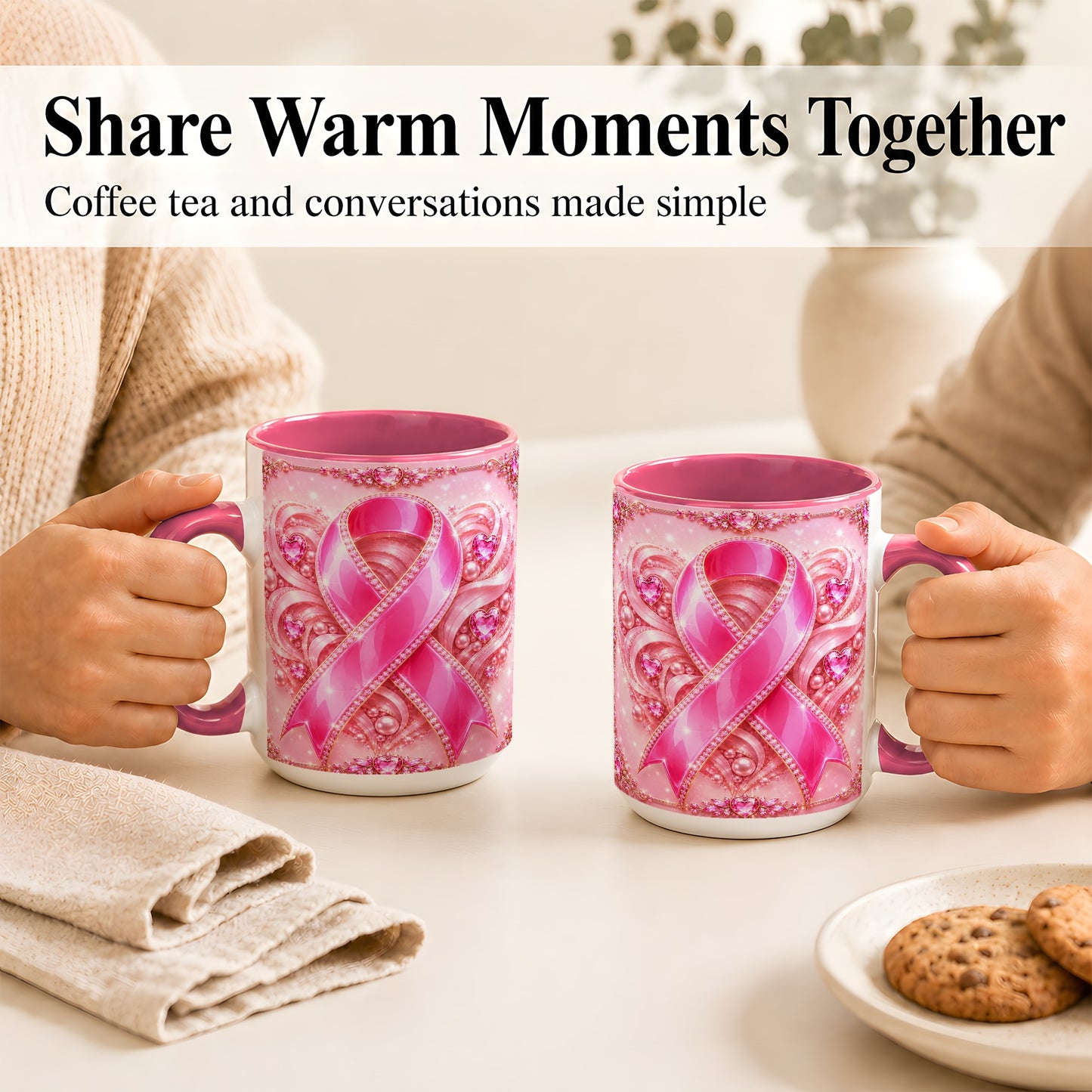 #pl[15oz|Pink] Pink Awareness Ribbon Coffee Mug, Heart Ribbon Mug, Ceramic Cup
