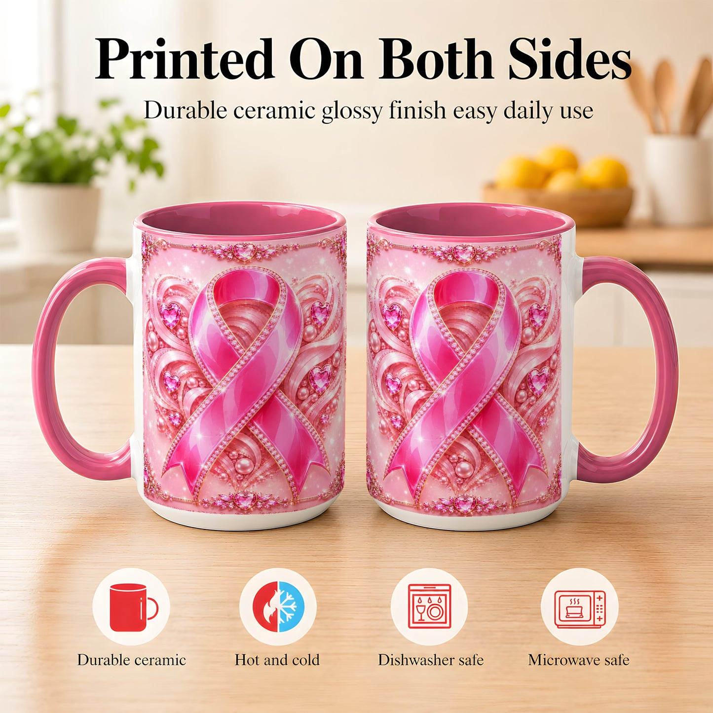 #pl[15oz|Pink] Pink Awareness Ribbon Coffee Mug, Heart Ribbon Mug, Ceramic Cup